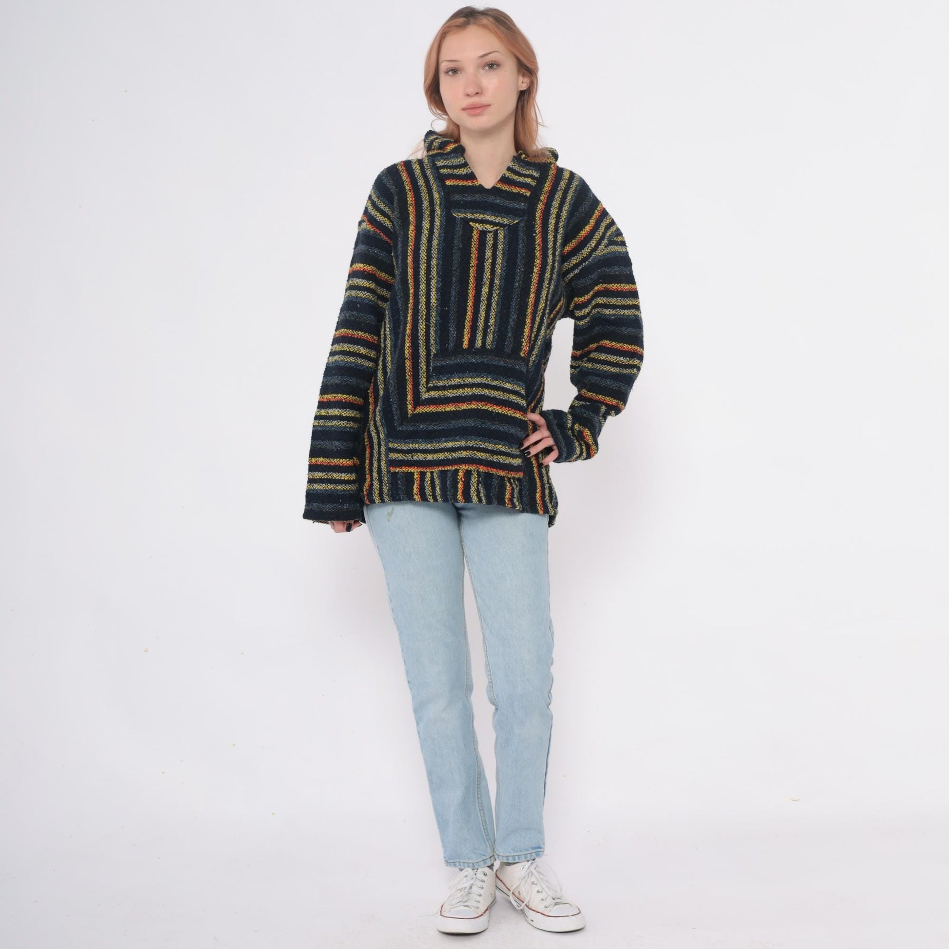 90s Iguana Jack Baja Hoodie Black Striped Woven Kangaroo Pocket Extra Large XL