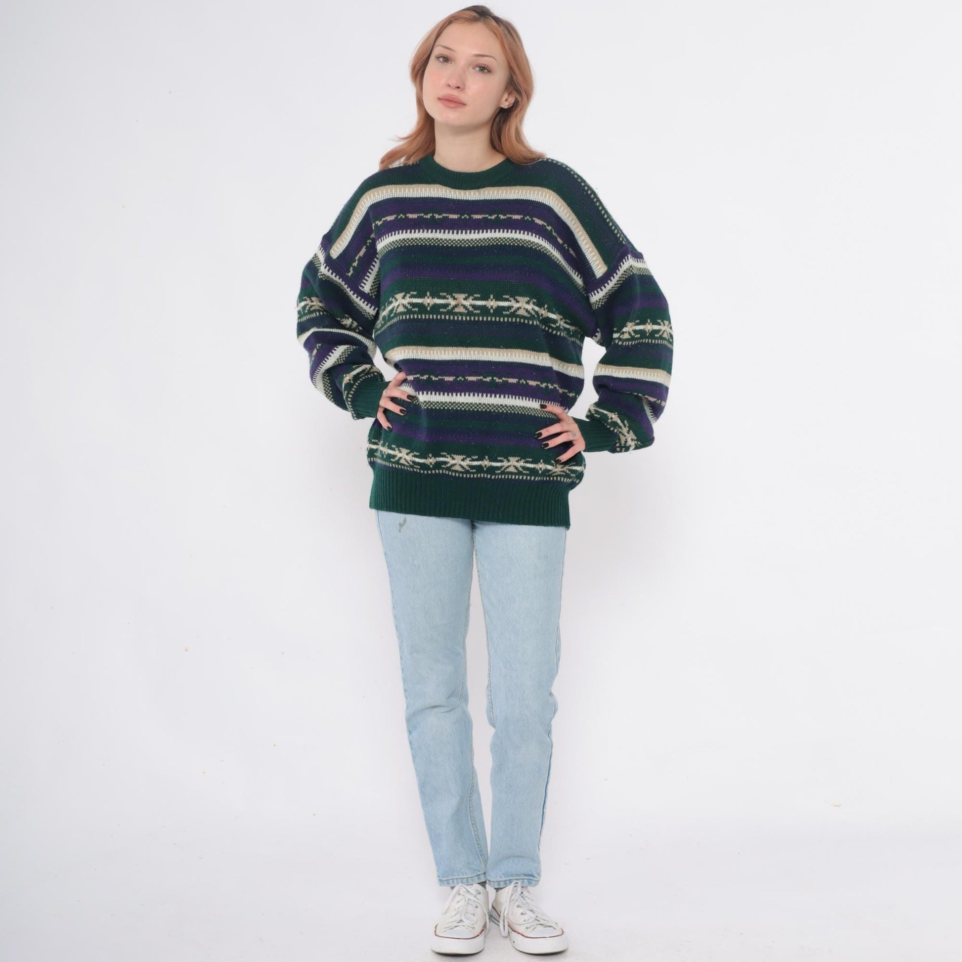 90s Fair Isle Sweater Green Purple Cream Geometric Pullover Extra Large XL