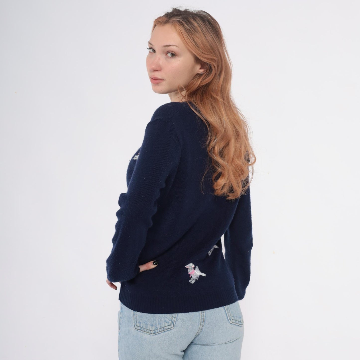 70s Shirlee Designs Navy Lamb Sweater Embroidered Pink Bows Large L
