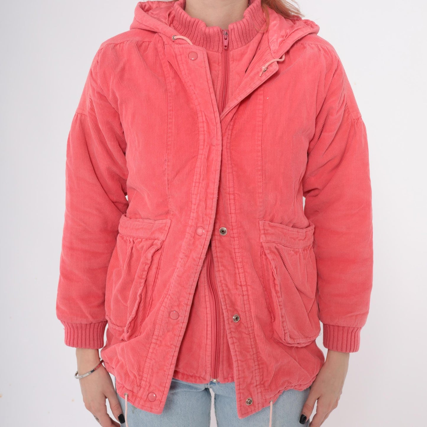 80s Coral Corduroy Hooded Puffer Jacket Zip Front Ribbed Cuffs Small S