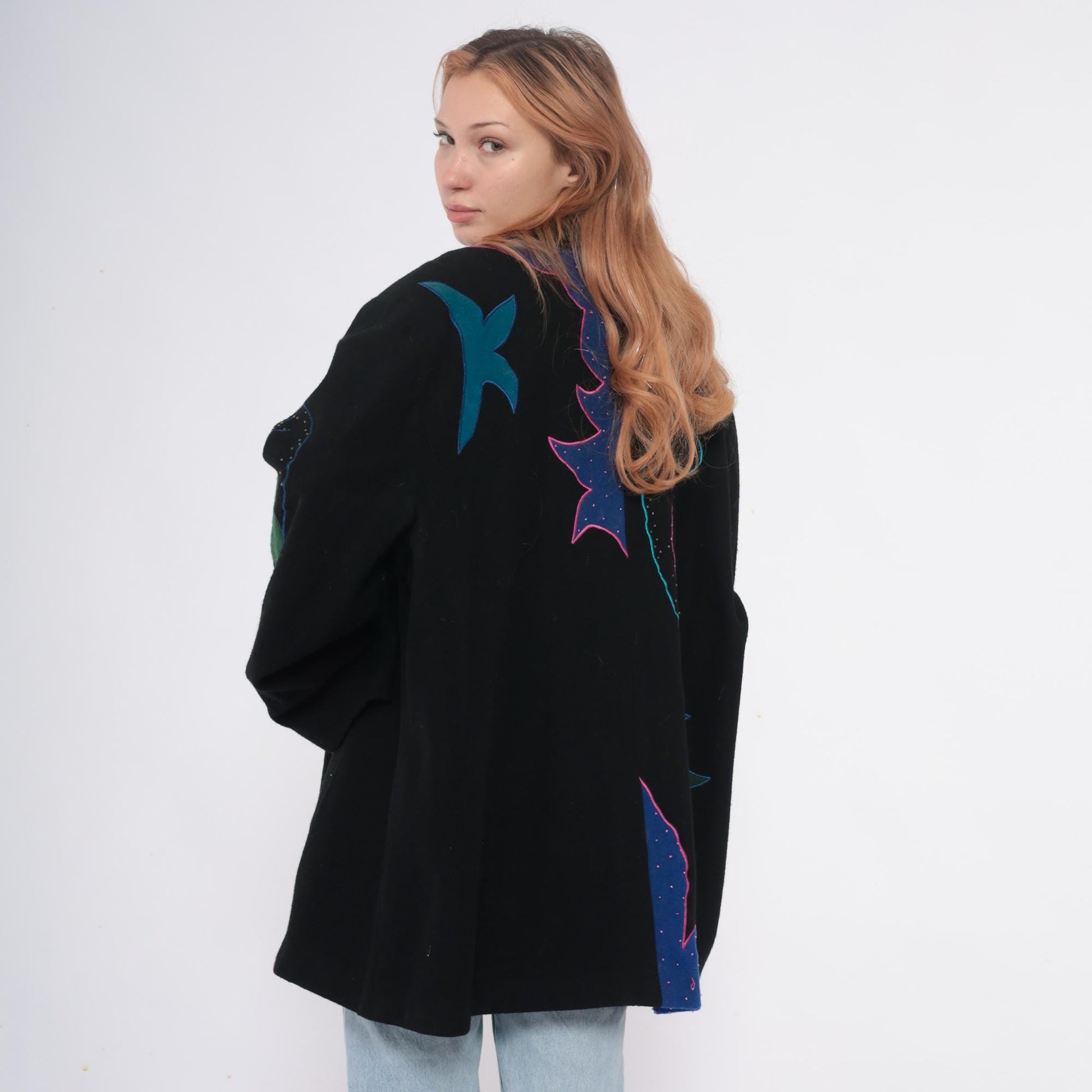 90s Black Wool Blazer Beaded Embroidered Teal Pink Gold Statement Jacket Extra Large