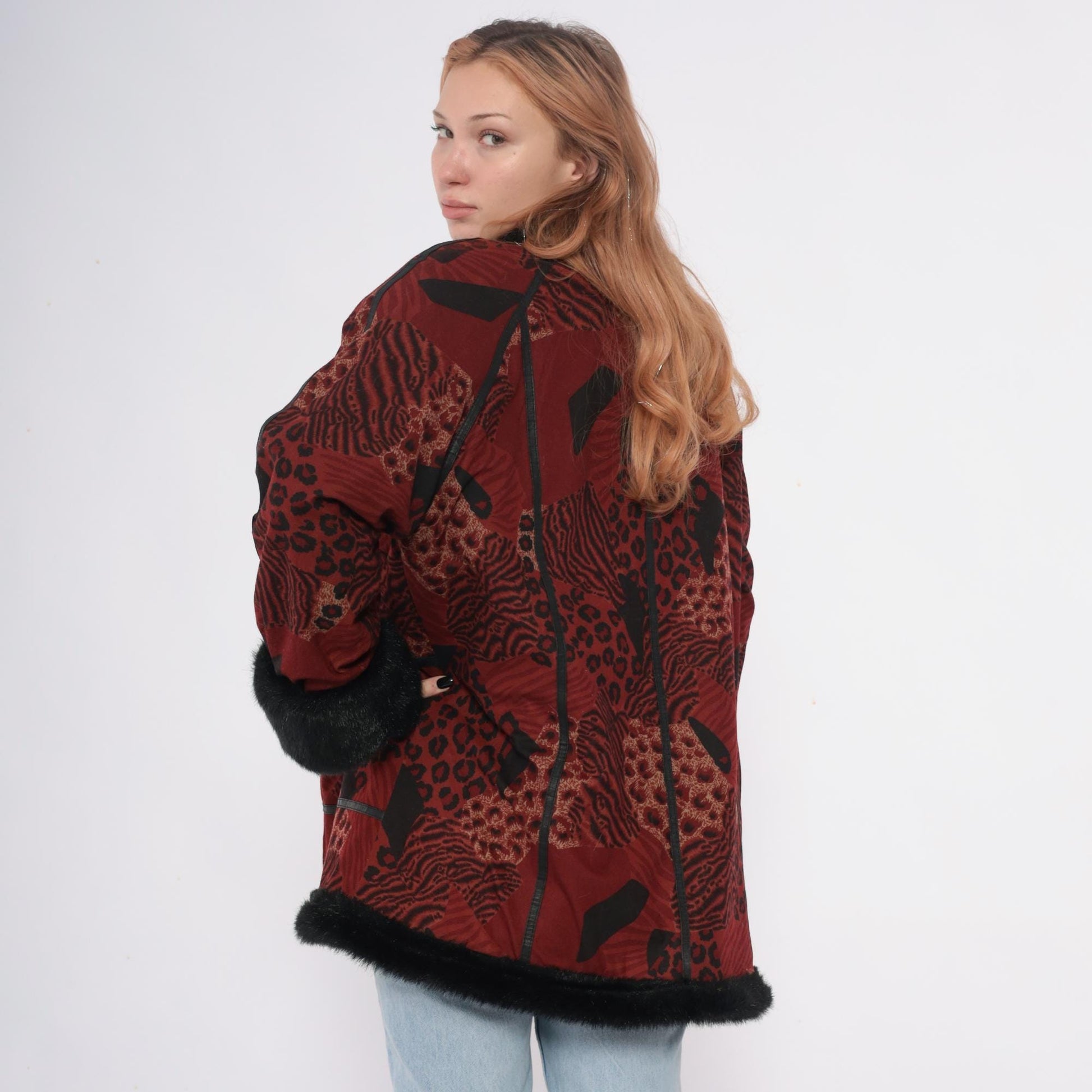 70s Burgundy Patchwork Coat Animal Print Faux Fur Collar Large L