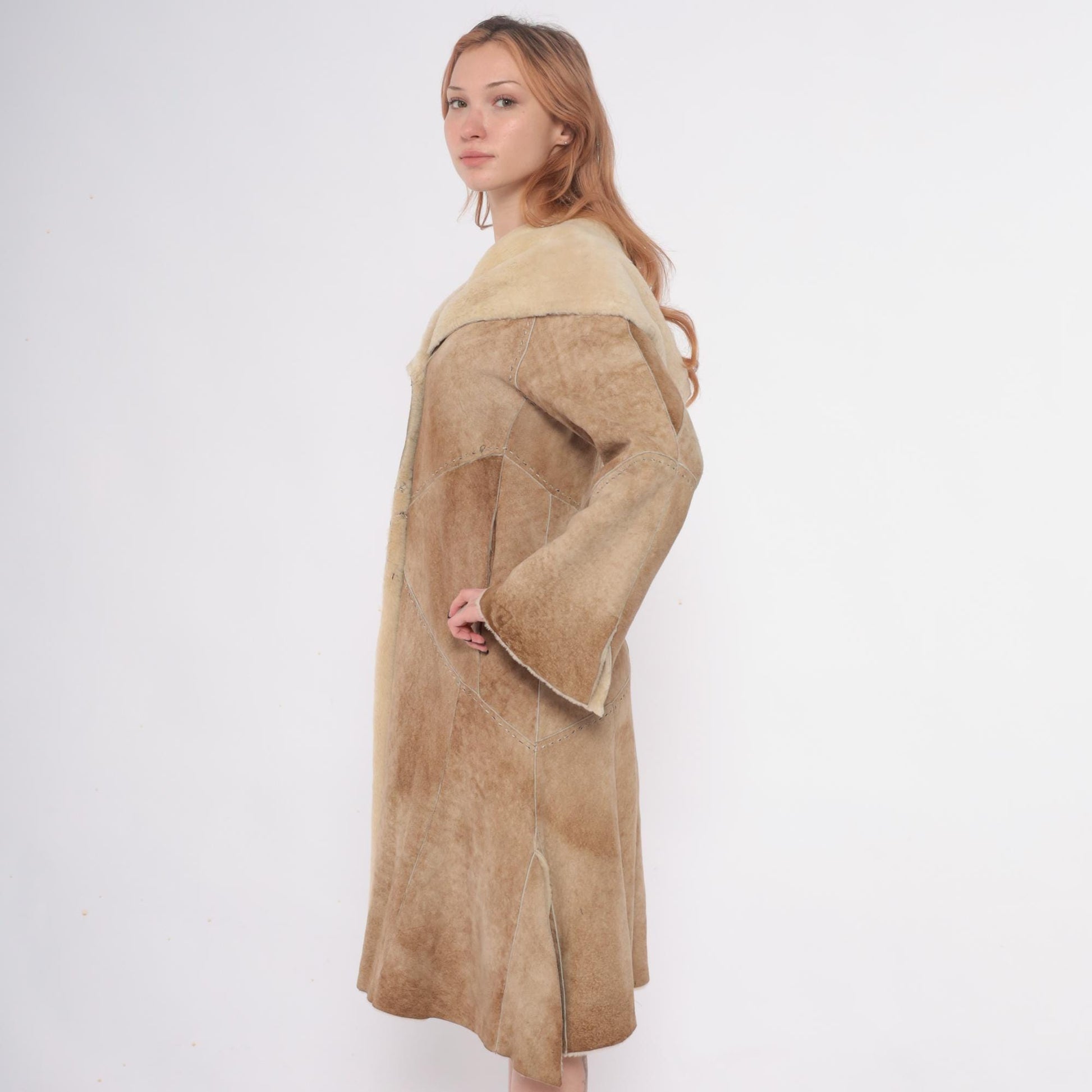 90s Denimaxx Couture Suede Hooded Coat Tan Shearling Trim Small