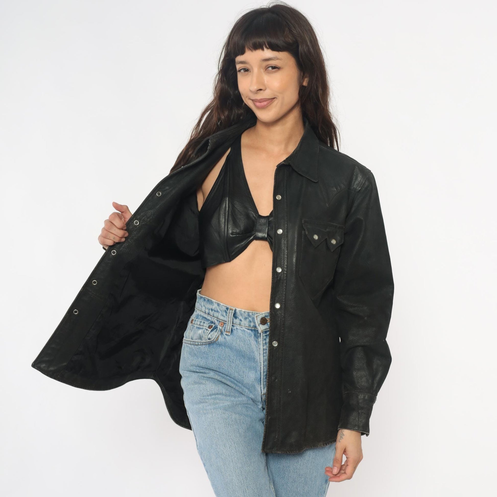 90s Neyries Black Leather Western Shirt Pearl Snap Pointed Yoke Large L