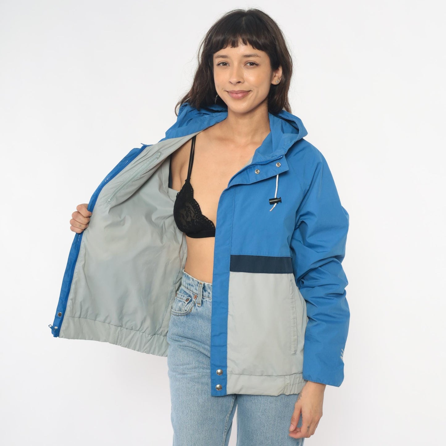 90s Nils Colorblock Hooded Windbreaker Jacket Blue Navy Cream Medium