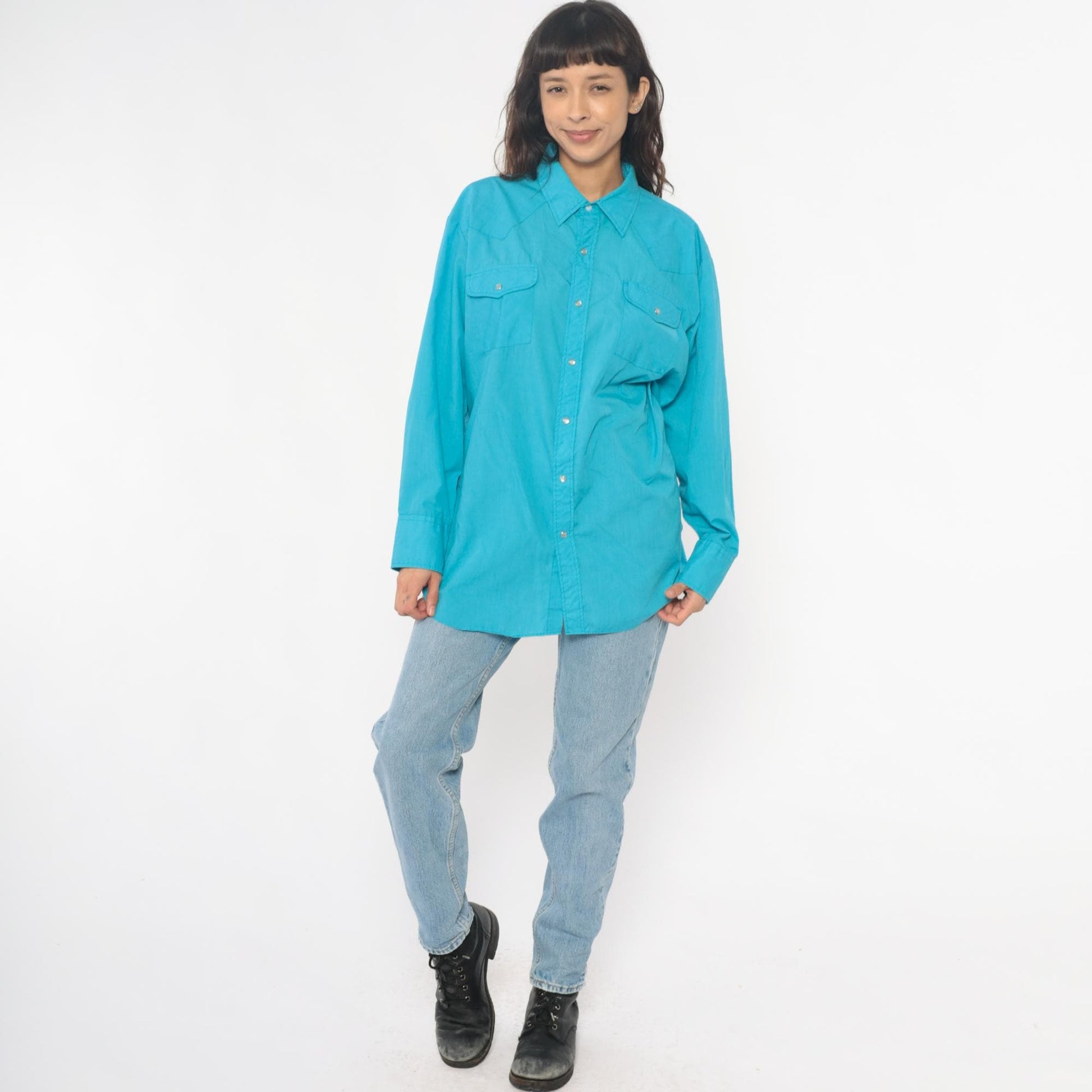80s Sheplers Turquoise Western Shirt Pearl Snap Collared Long Sleeve Large