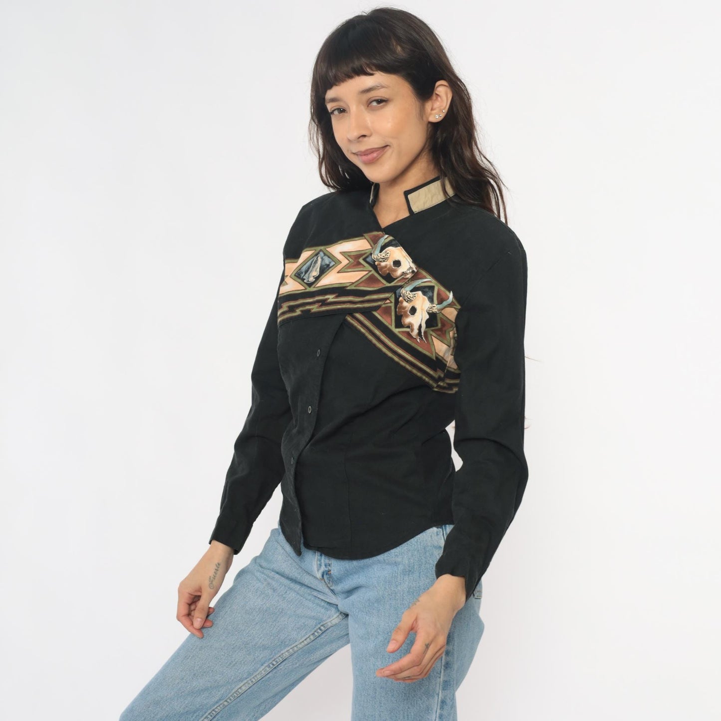 90s Roper Black Western Shirt Buffalo Skull Southwestern Appliqué Small
