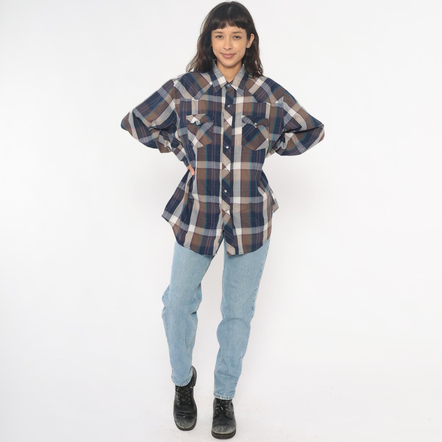 90s Youngbloods Western Shirt Pearl Snap Plaid Navy Brown Extra Large XL