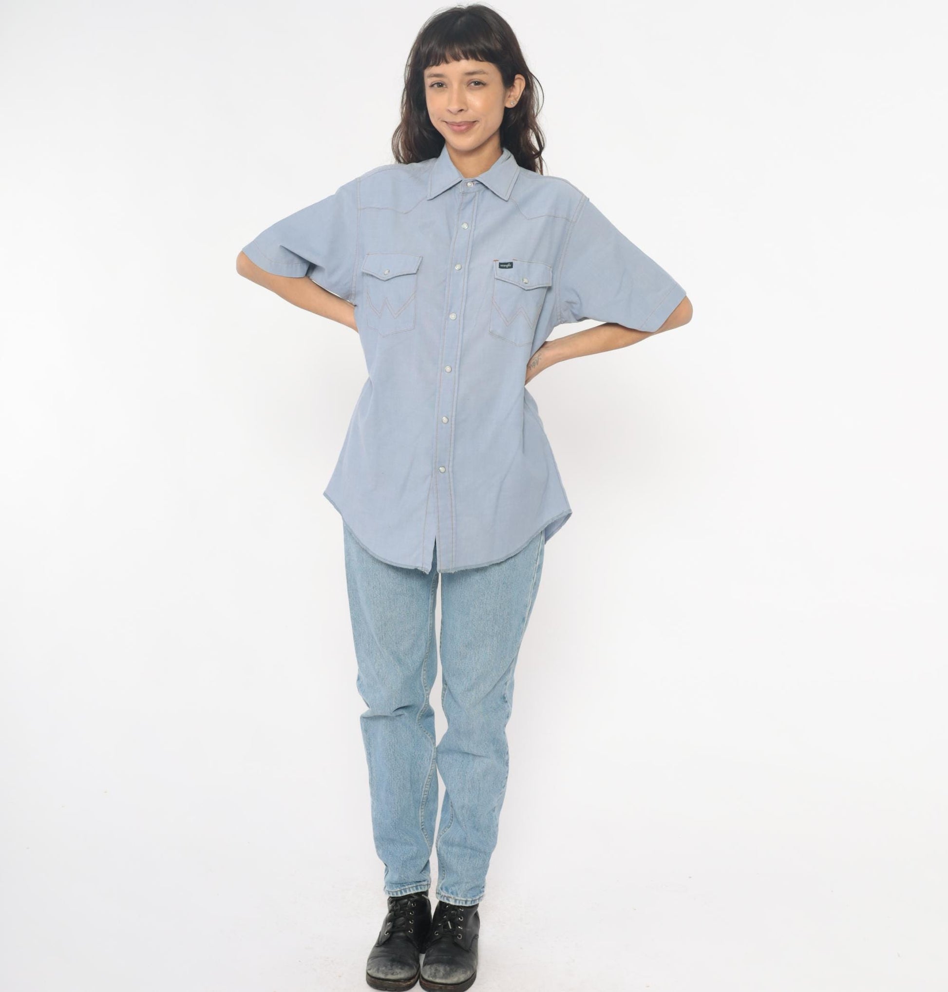 80s Wrangler Western Shirt Pearl Snap Light Blue Chambray Large