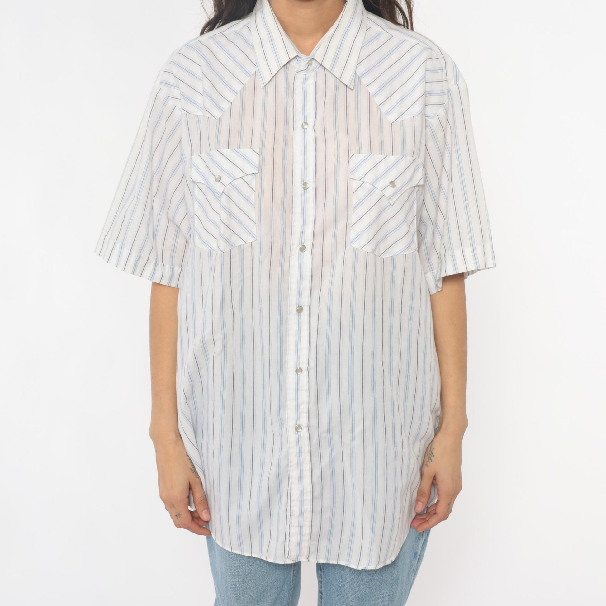 90s Ely Cattleman Western Striped Snap Shirt Cream Blue Tan Extra Large XL