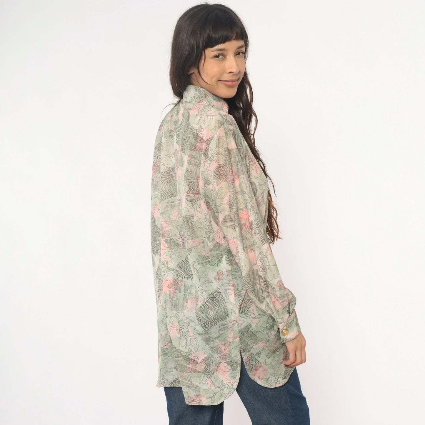70s Abstract Floral Tunic Shirt Sage Pink Cream Button Front Medium