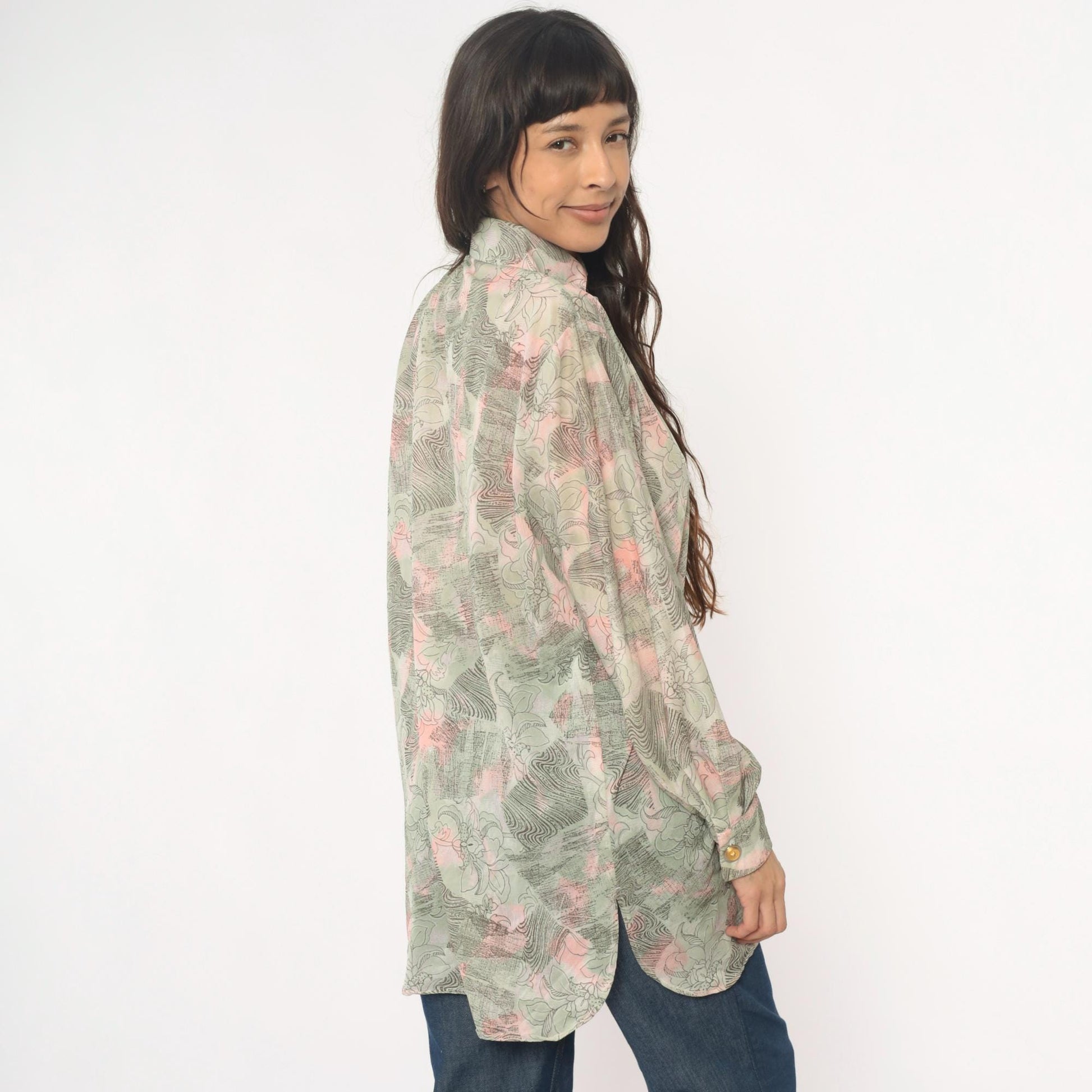 70s Abstract Floral Tunic Shirt Sage Pink Cream Button Front Medium