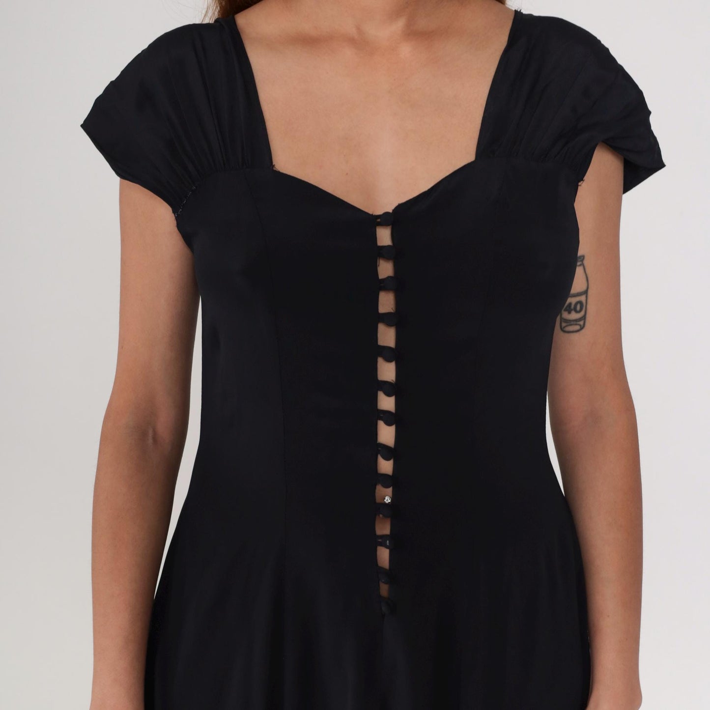 80s Black Maxi Dress Button Front Cap Sleeve Square Cutout Medium