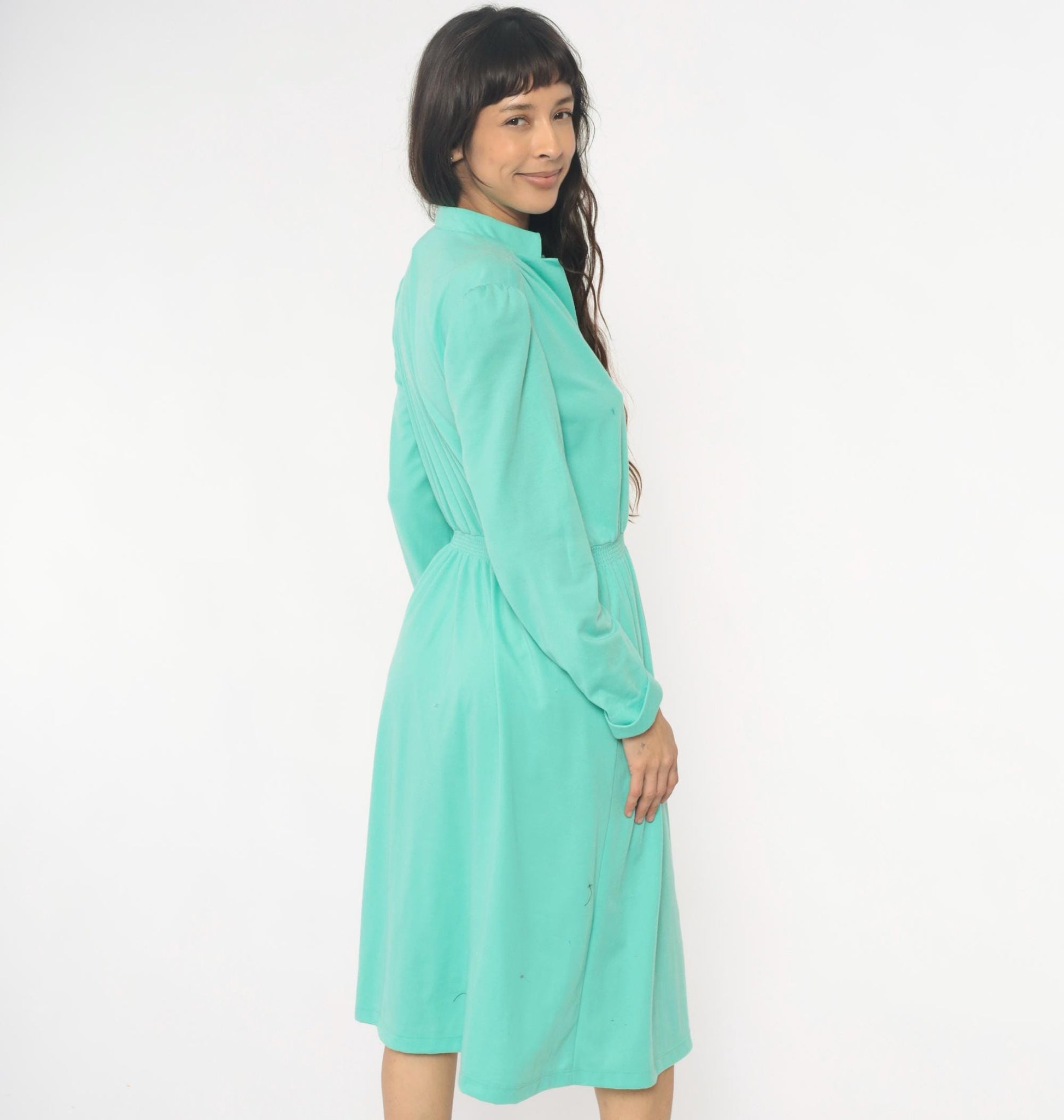 80s Lehigh Mint Green Shirtdress Puff Shoulder Knee-Length Small Medium