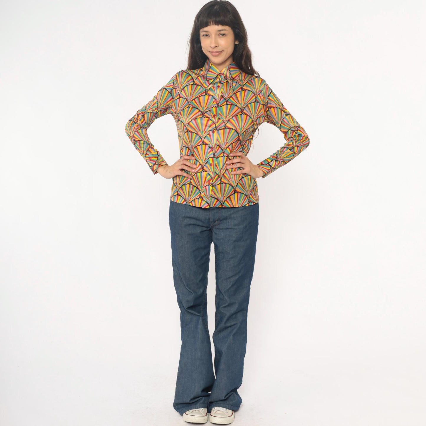 70s Helen Sue Geometric Fan Sunburst Blouse Multicolor Striped Collared Medium