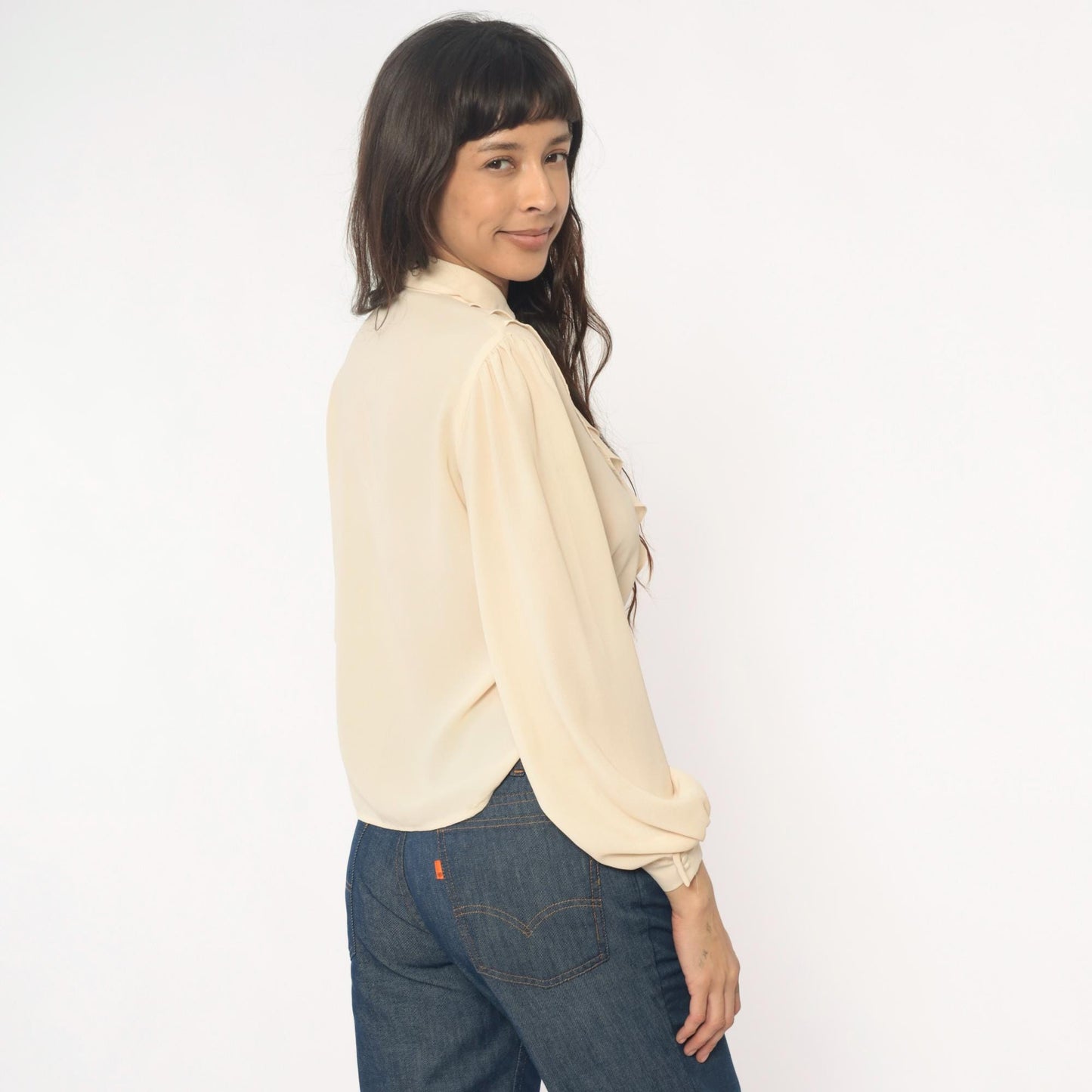 70s Cream Peter Pan Collar Blouse Puff Sleeve Button Front Ruffle Medium