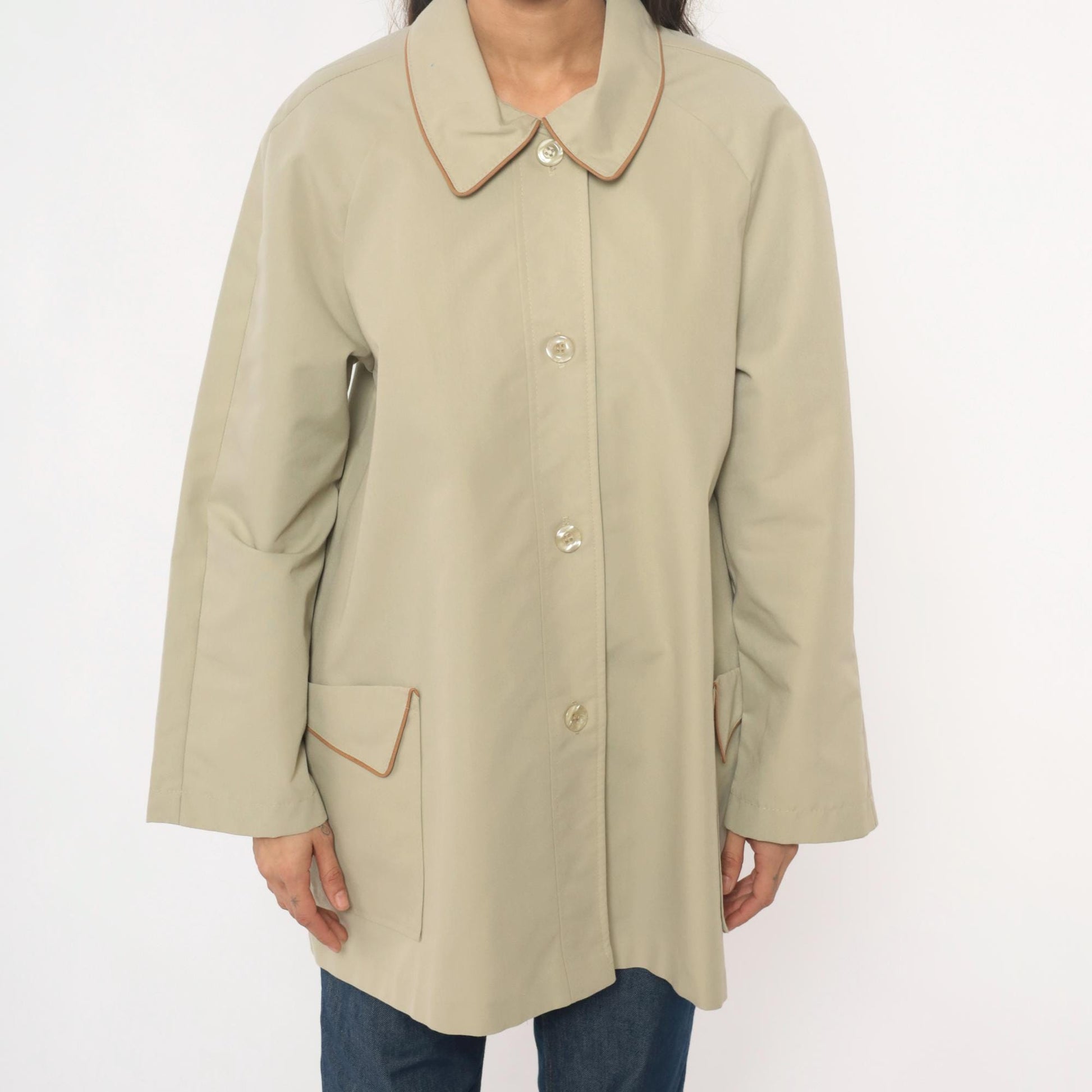 80s Beige Button Front Coat Peter Pan Collar Brown Trim Medium