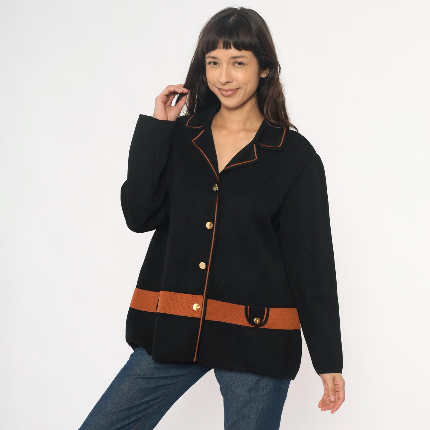 70s Black Knit Blazer Gold Buttons Rust Orange Trim Collared Jacket Large L