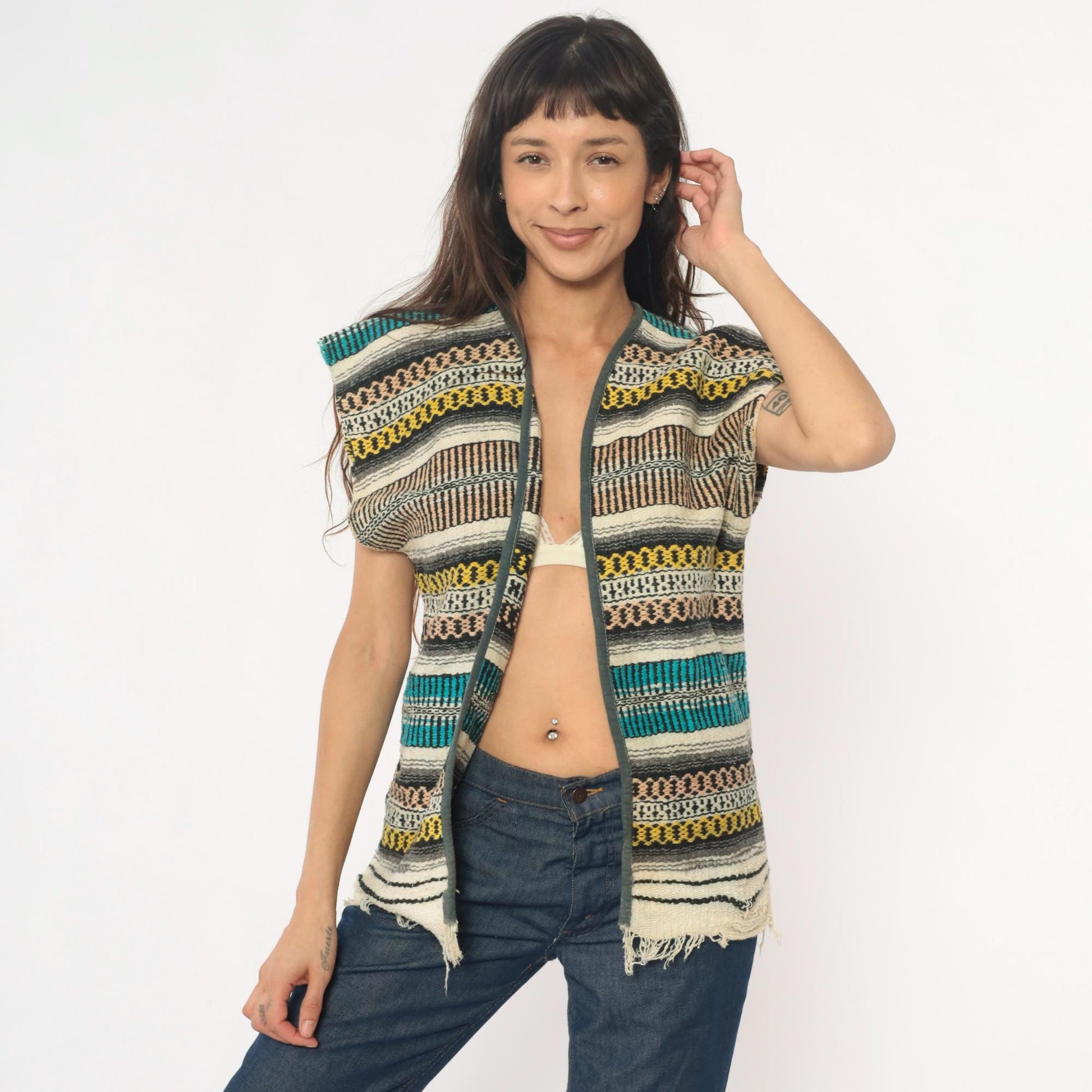 70s Mexican Serape Woven Vest Multicolor Striped Southwest Cap Sleeve Small