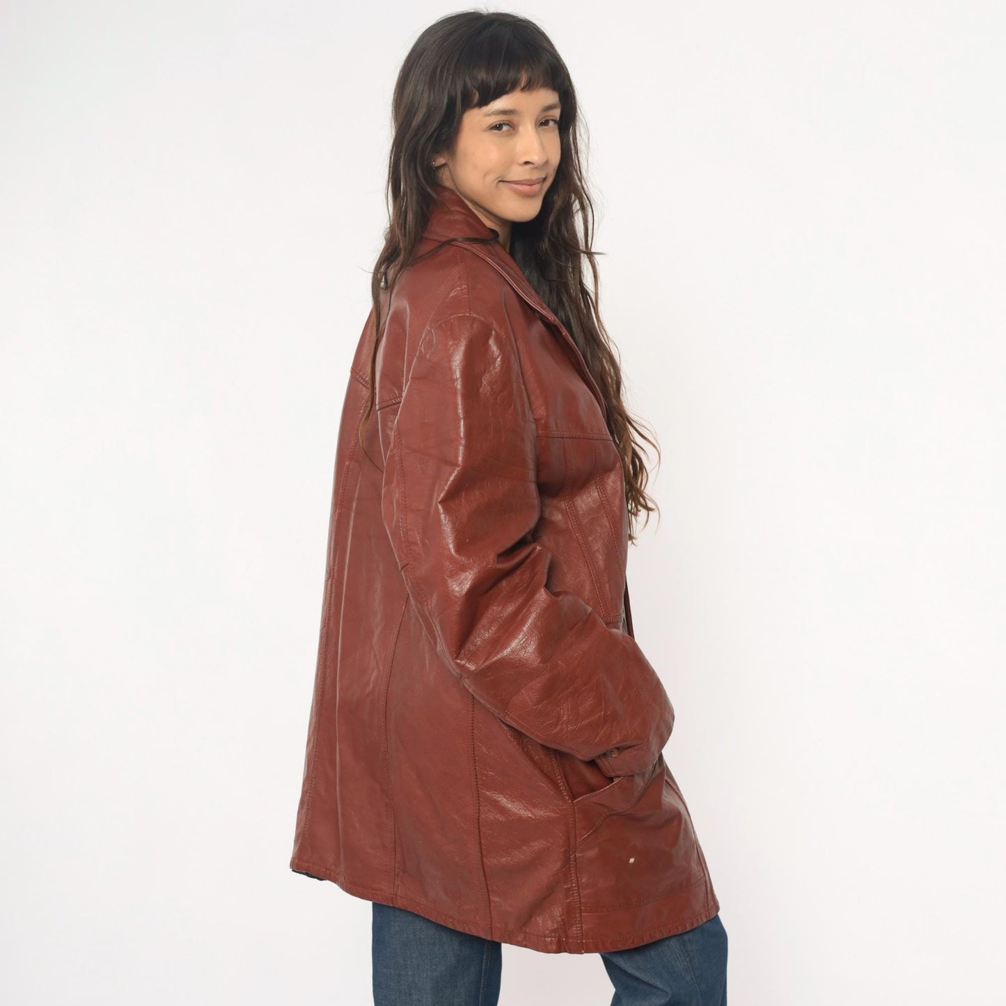70s Brown Leather Jacket Notched Collar Long Coat Burgundy Lining Extra Large