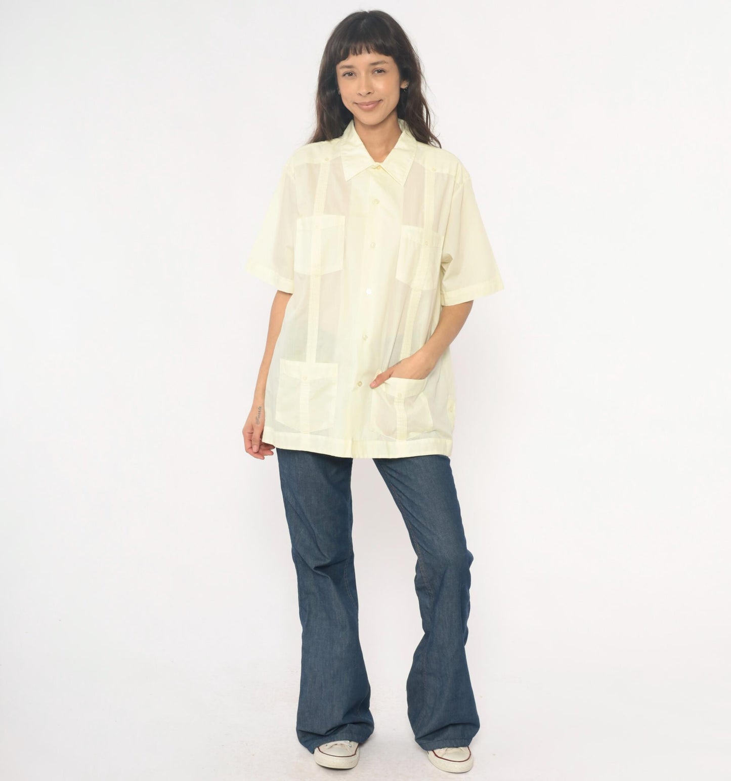 80s Pale Yellow Guayabera Shirt Pintuck Pleated Cotton Cream Collar Extra Large XL