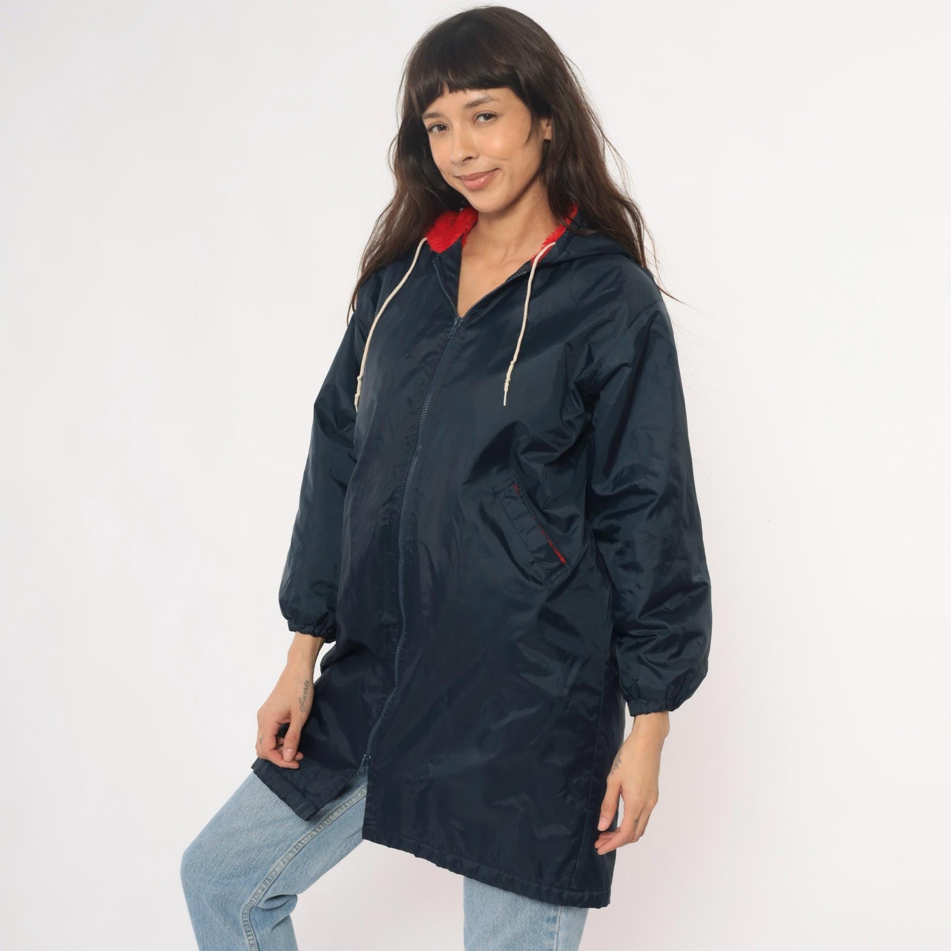 80s LEXD Swimming Team Jacket Navy Hooded Windbreaker Fur Lined Small