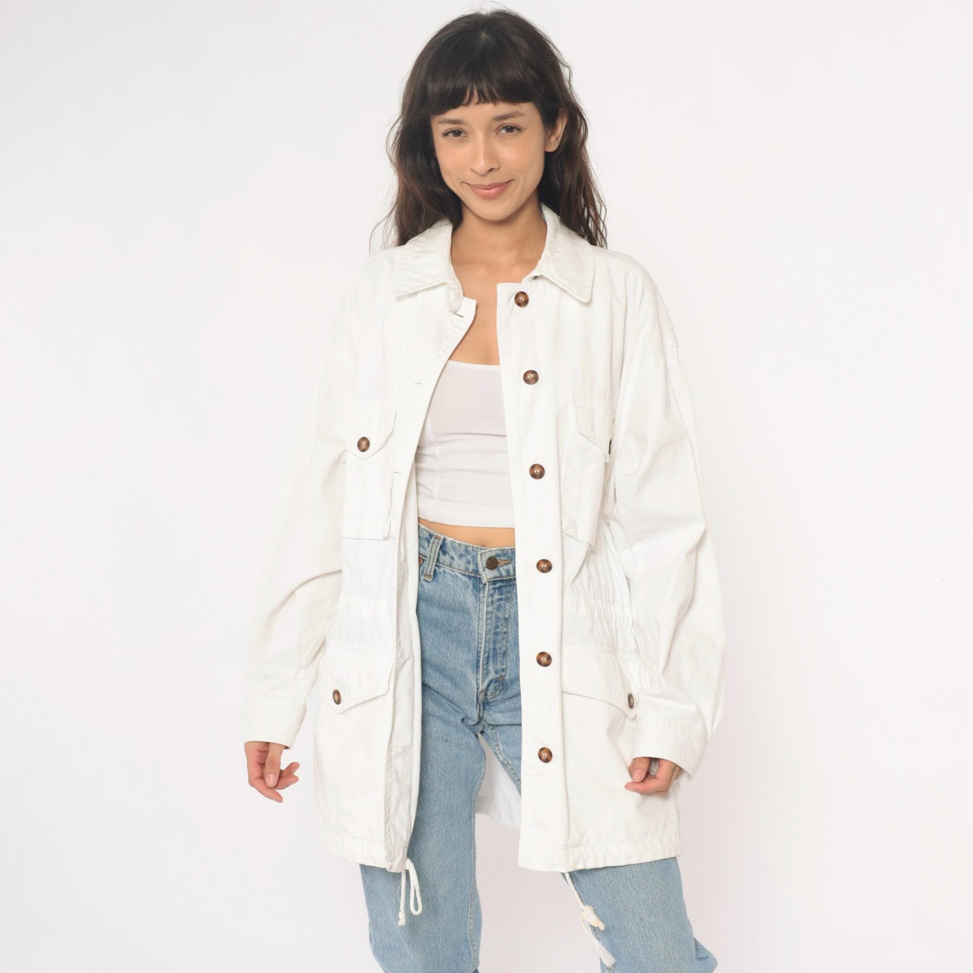 90s Adrienne Vittadini Cotton Utility Jacket Cream Pointed Collar Medium M