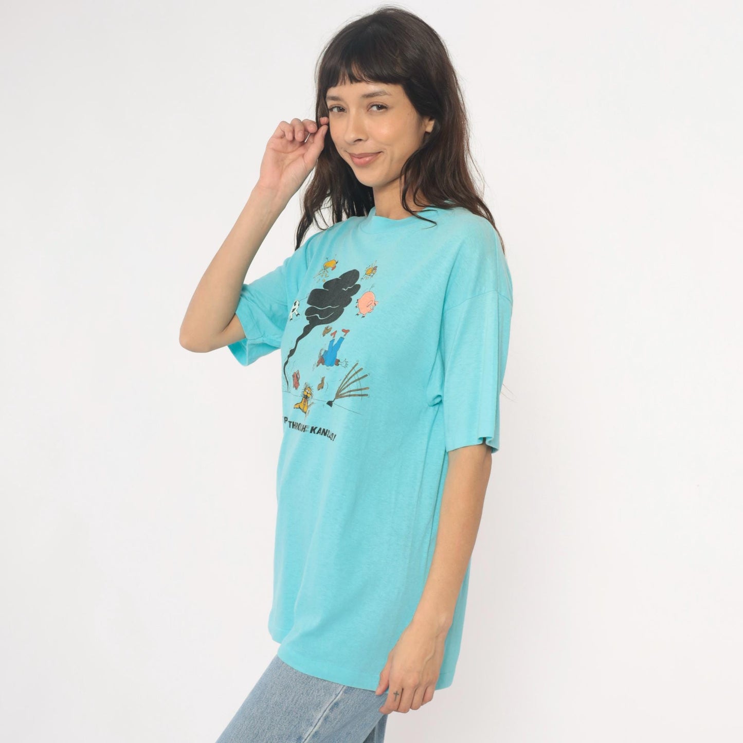 90s Anvil Kansas Tornado Graphic Tee Turquoise Cartoon Farm Animals Extra Large XL