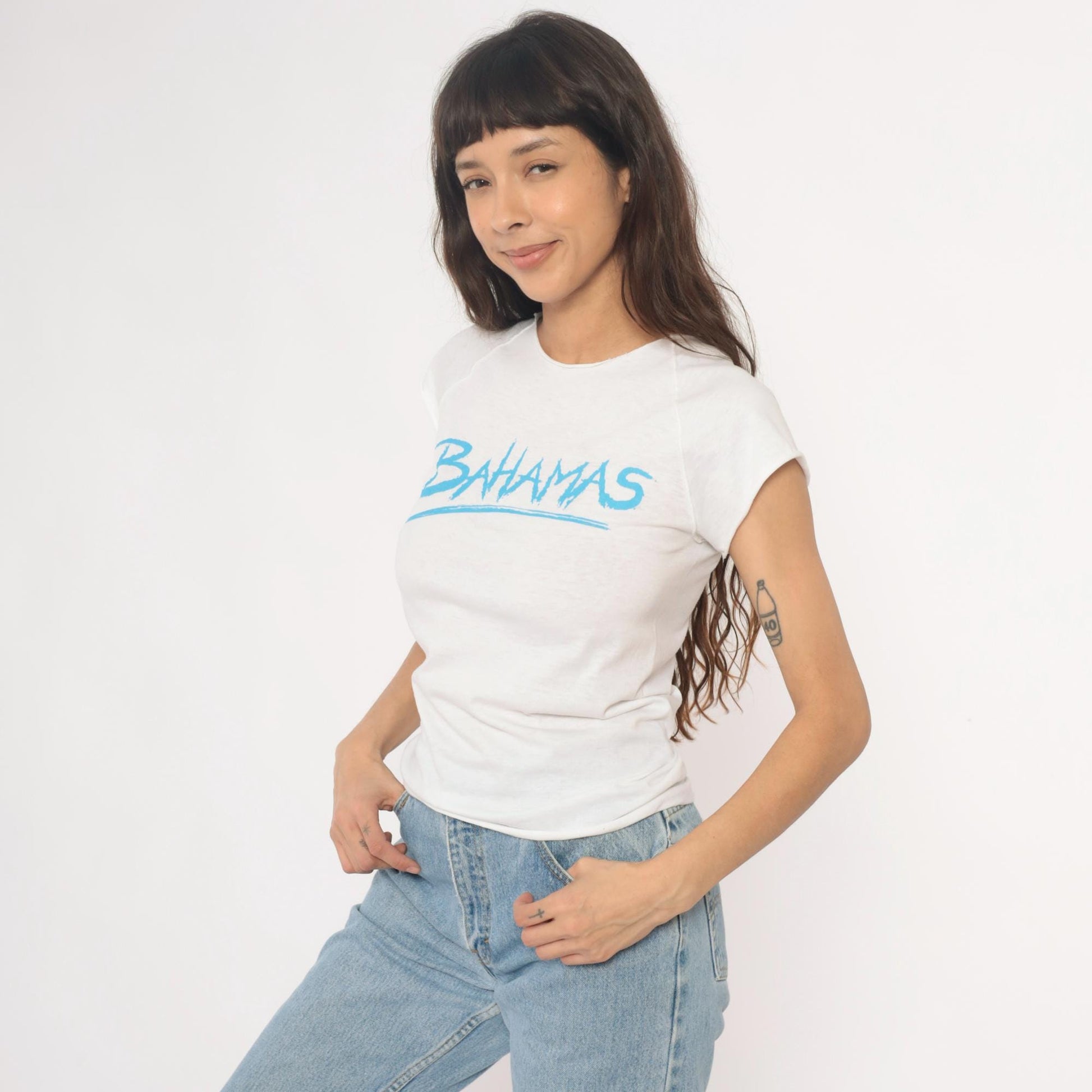 80s Bahamas White Graphic T-Shirt Cotton Crew Neck Cap Sleeve Extra Small XS