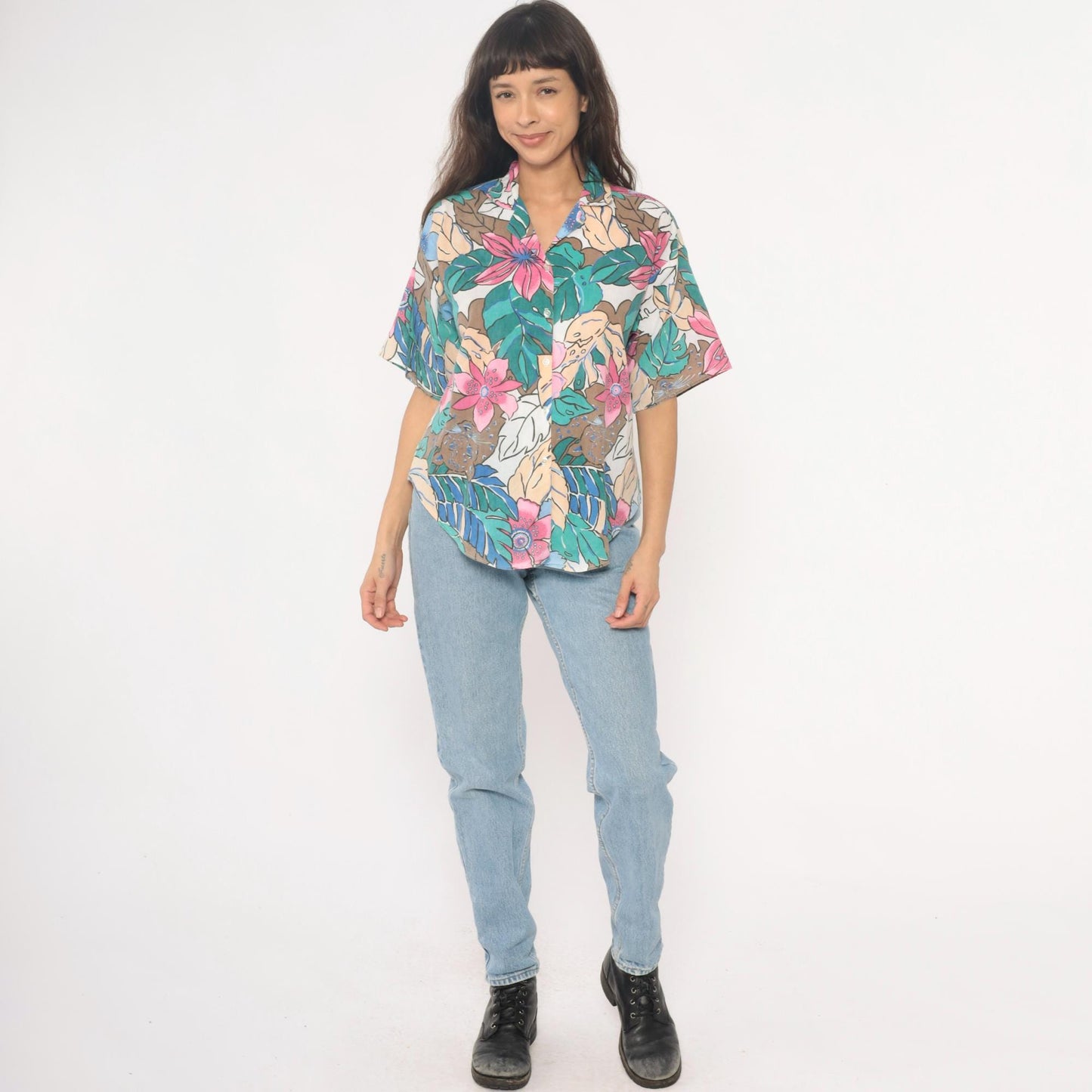 90s Caribou Tropical Floral Hawaiian Shirt Pink Blue Monstera Medium