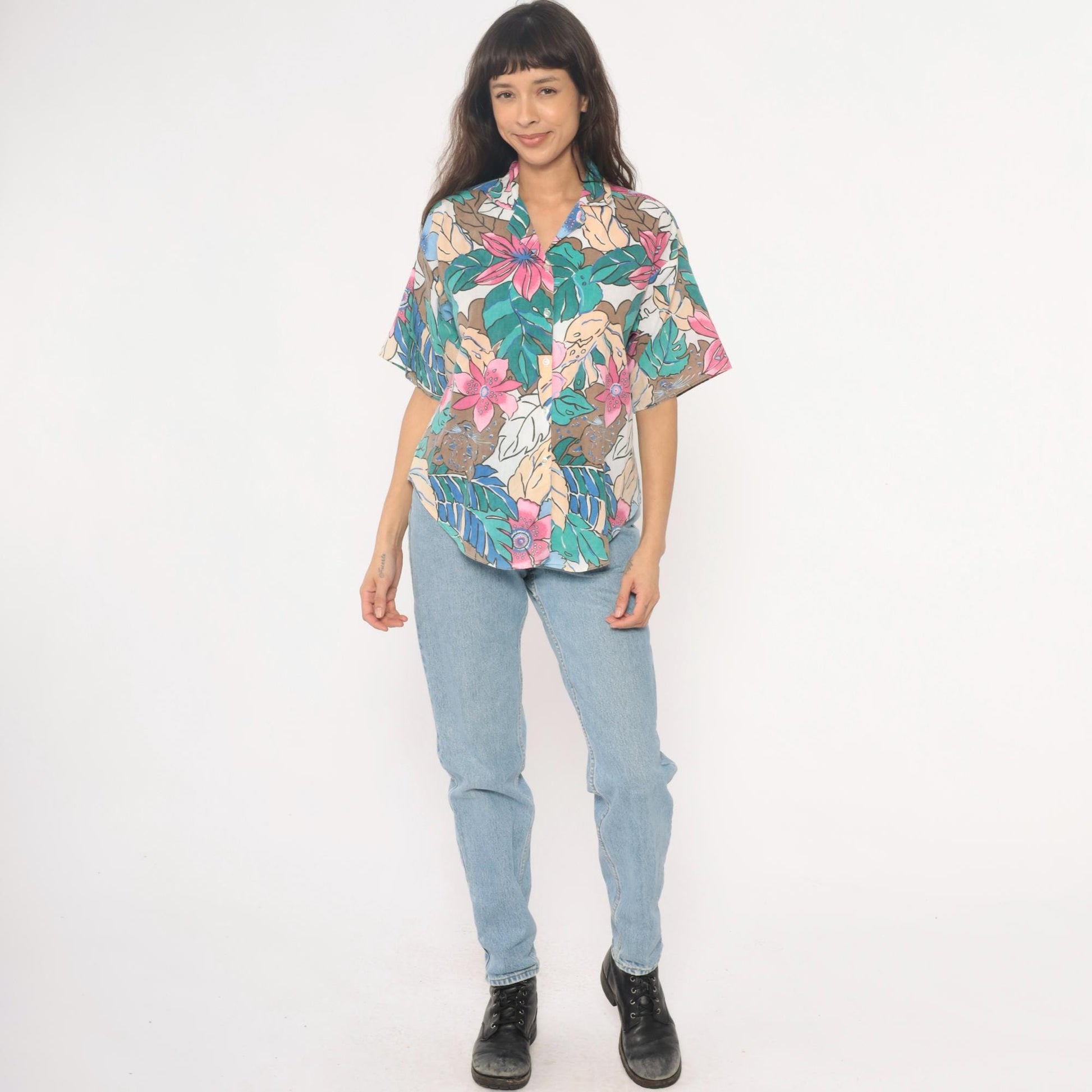 90s Caribou Tropical Floral Hawaiian Shirt Pink Blue Monstera Medium