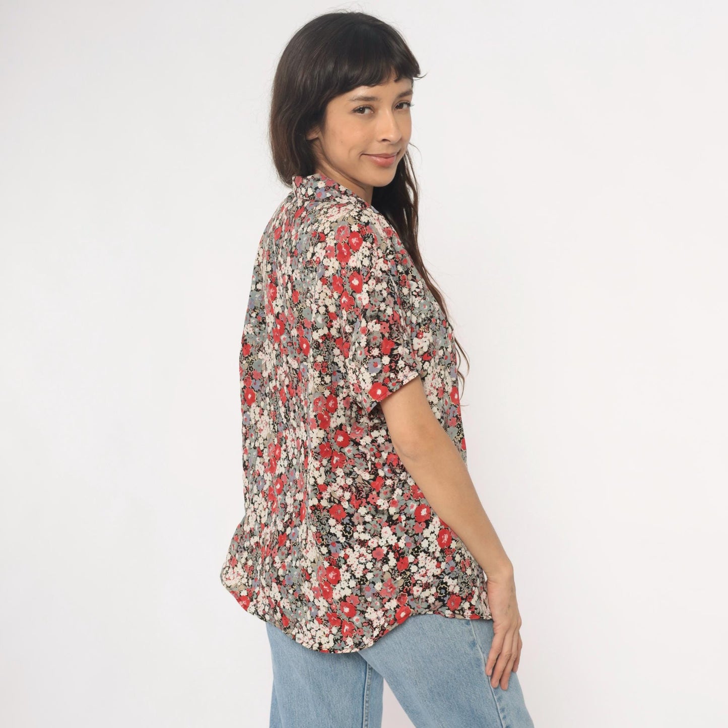 90s Zenobia Floral Button-Up Blouse Short Sleeve Black Cream Plus Size XXL