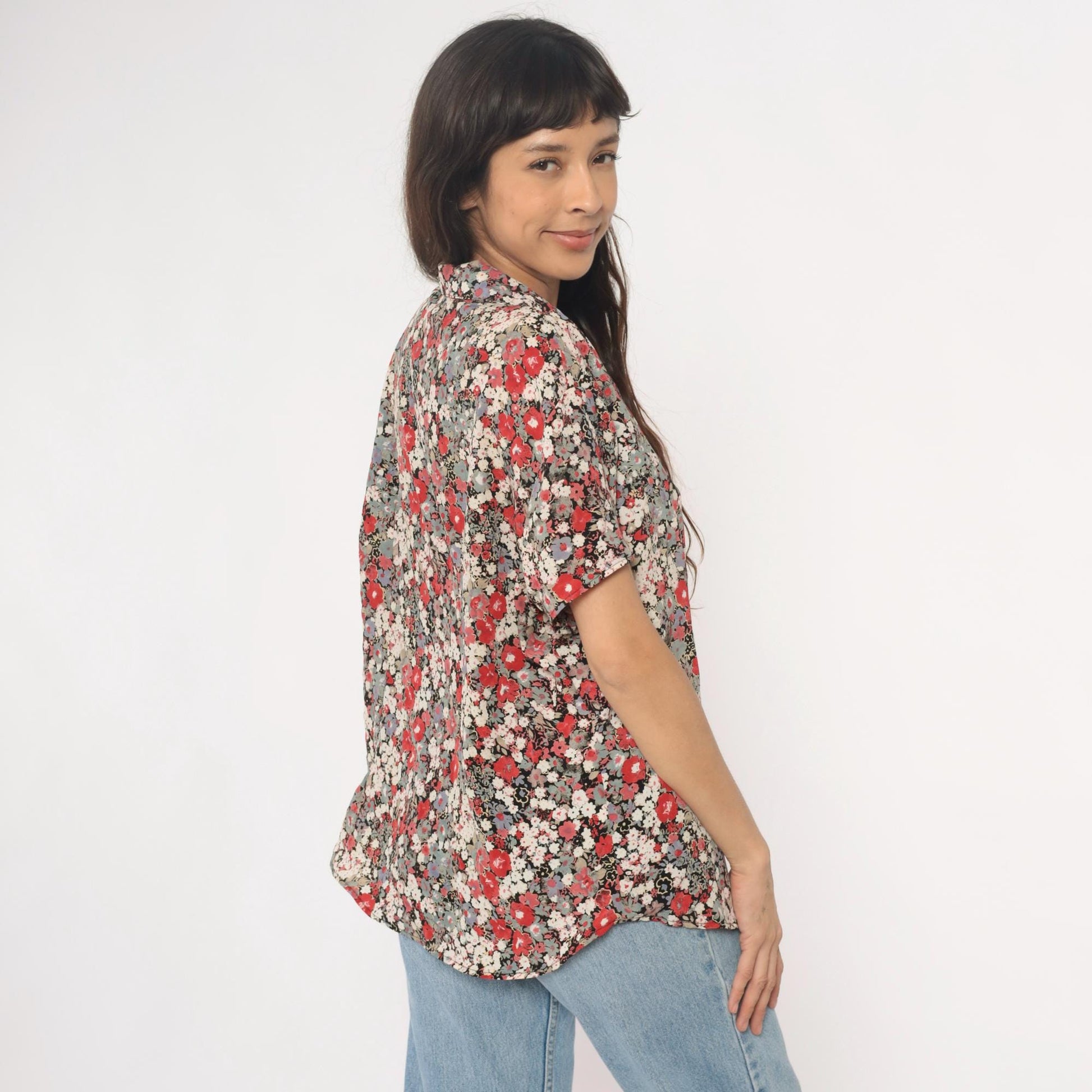 90s Zenobia Floral Button-Up Blouse Short Sleeve Black Cream Plus Size XXL