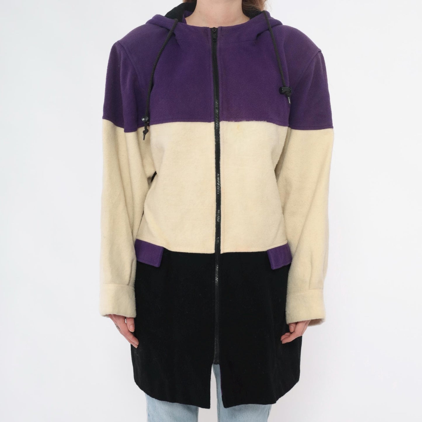 90s Spencer Douglas Colorblock Hooded Jacket Purple Cream Black Wool Blend Extra Large