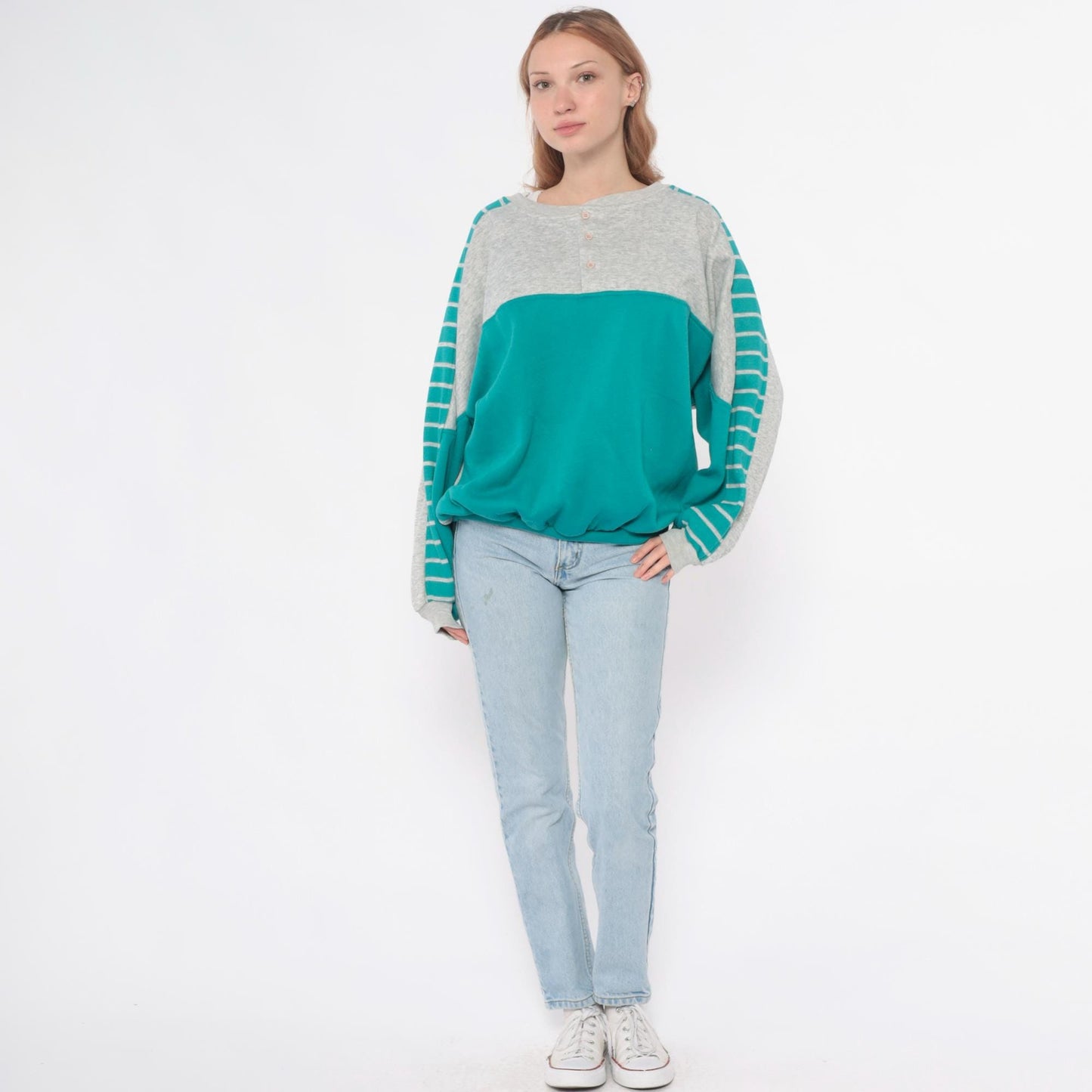 90s Teal Colorblock Sweatshirt Grey Striped Sleeve Crewneck Medium M