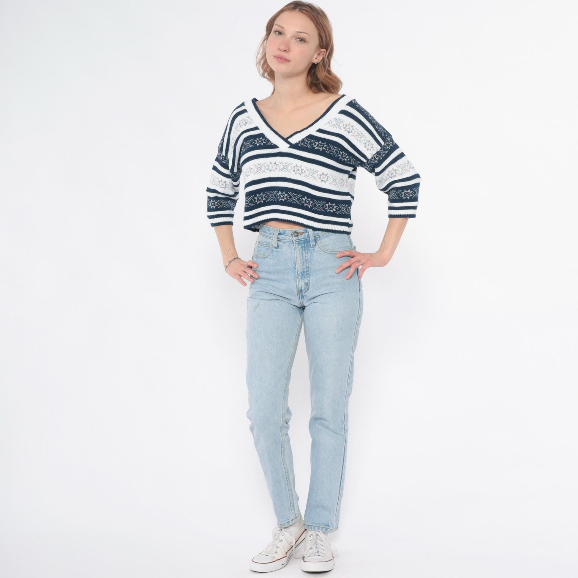 90s Navy Floral Striped V-Neck Knit Sweater Cotton Blend Medium M