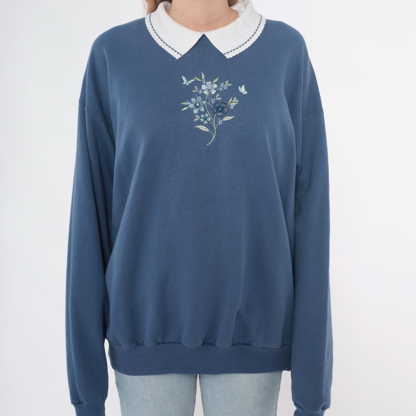 90s Morning Sun Butterfly Embroidered Sweatshirt Dusty Blue Peter Pan Collar Large