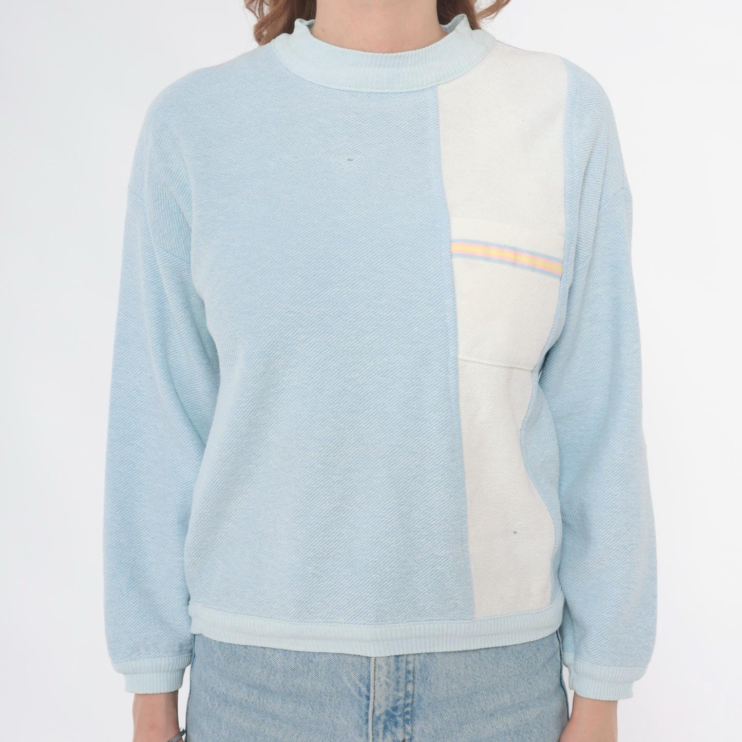 90s Willy Dee Light Blue Colourblock Sweatshirt Crew Neck Small S