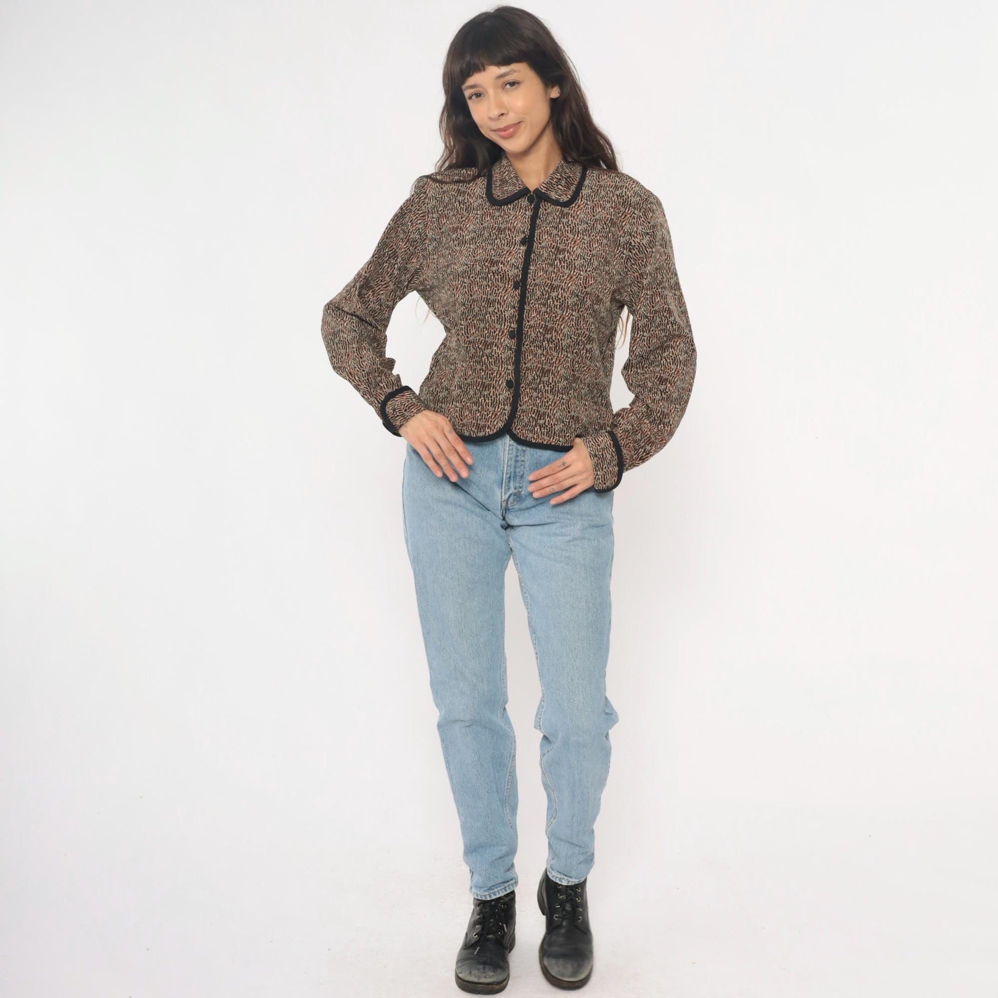 Y2K Nancy Crystal Cropped Jacket Brown Animal Print Peter Pan Collar Large L