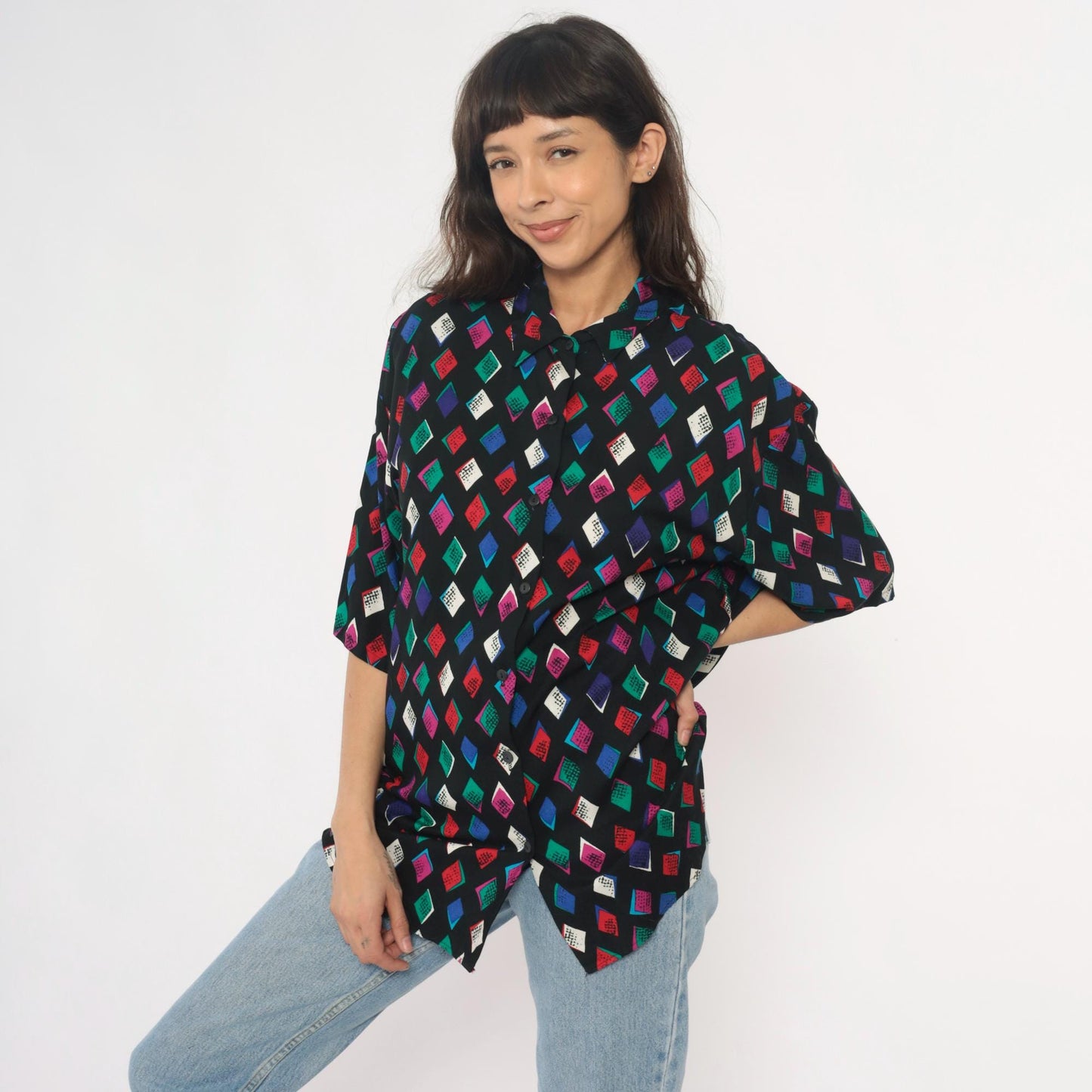 90s Black Harlequin Diamond Rayon Shirt Multicolor Button-Front Medium