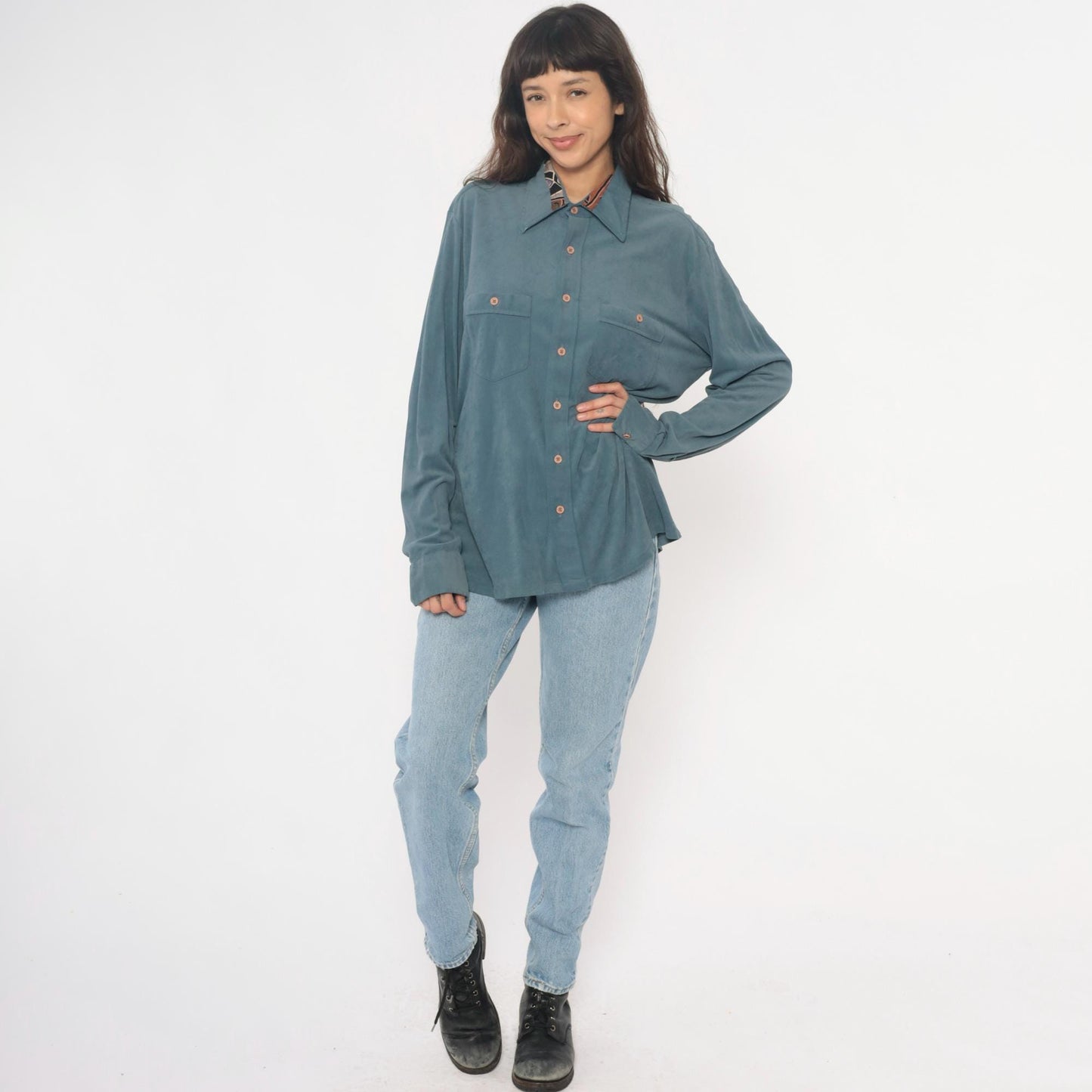 70s Macys California Blue-Teal Safari Shirt Pointed Collar Chest Pockets Large