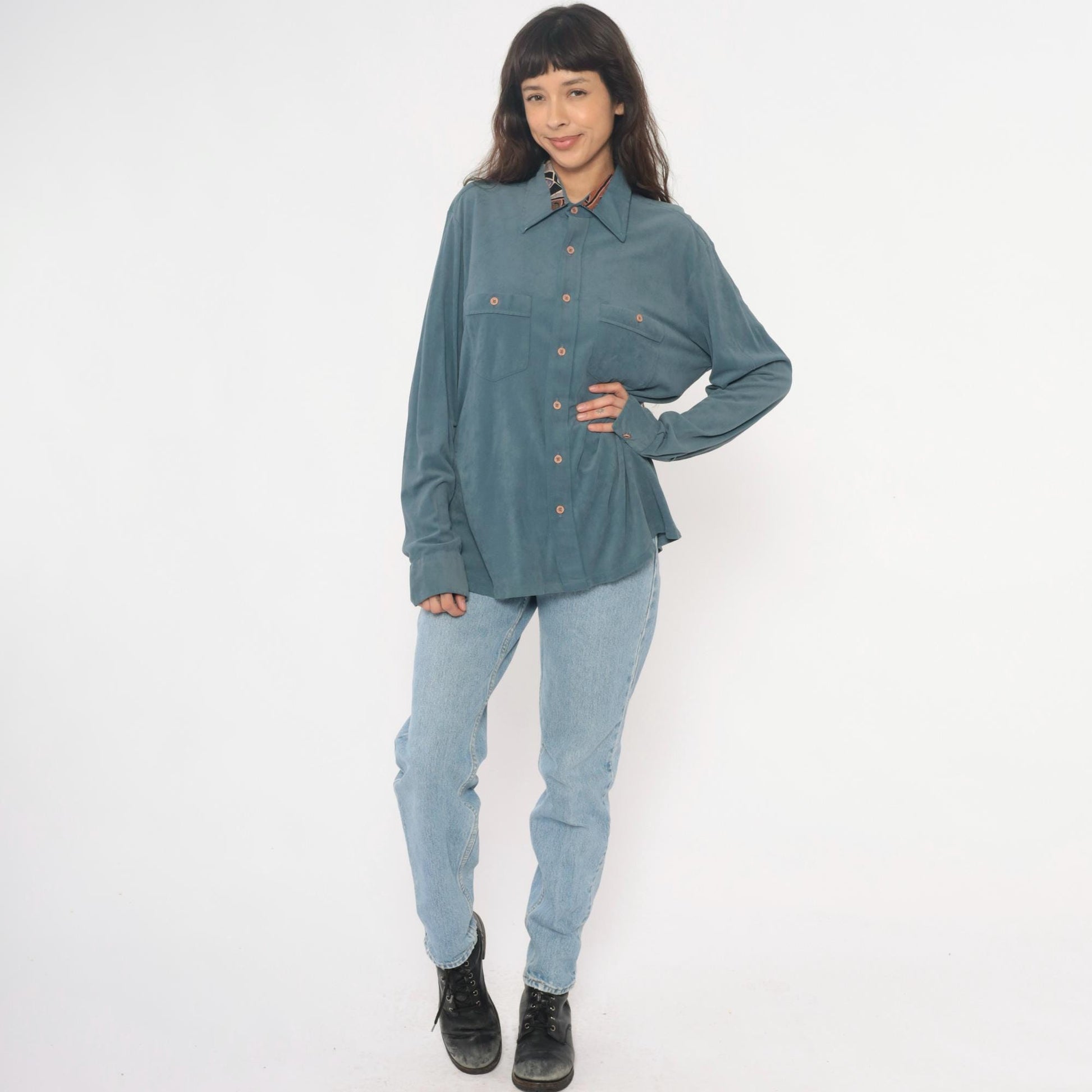70s Macys California Blue-Teal Safari Shirt Pointed Collar Chest Pockets Large