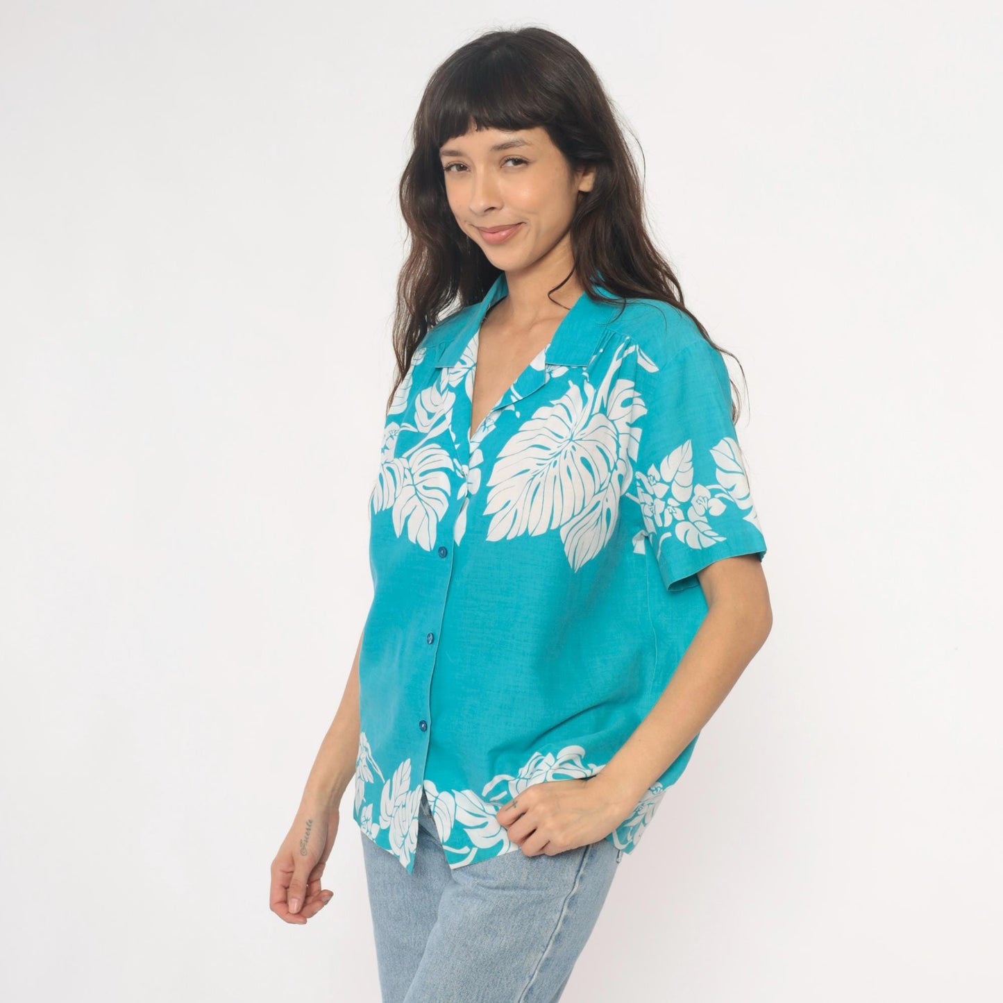 80s Hilo Hattie Hawaiian Shirt Turquoise Monstera Leaf Print Large
