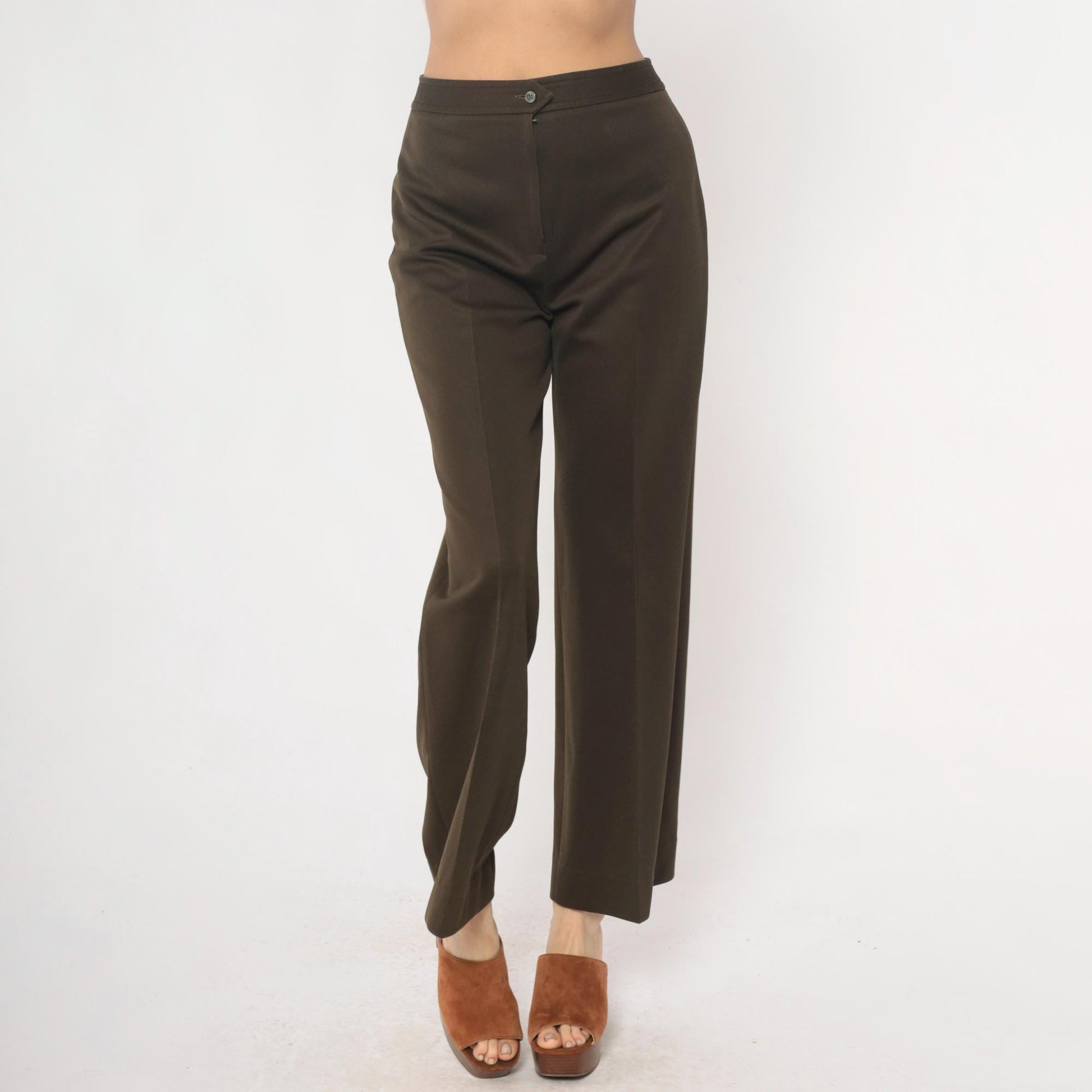 70s High Waisted Brown Straight Leg Trousers Flat Front Medium