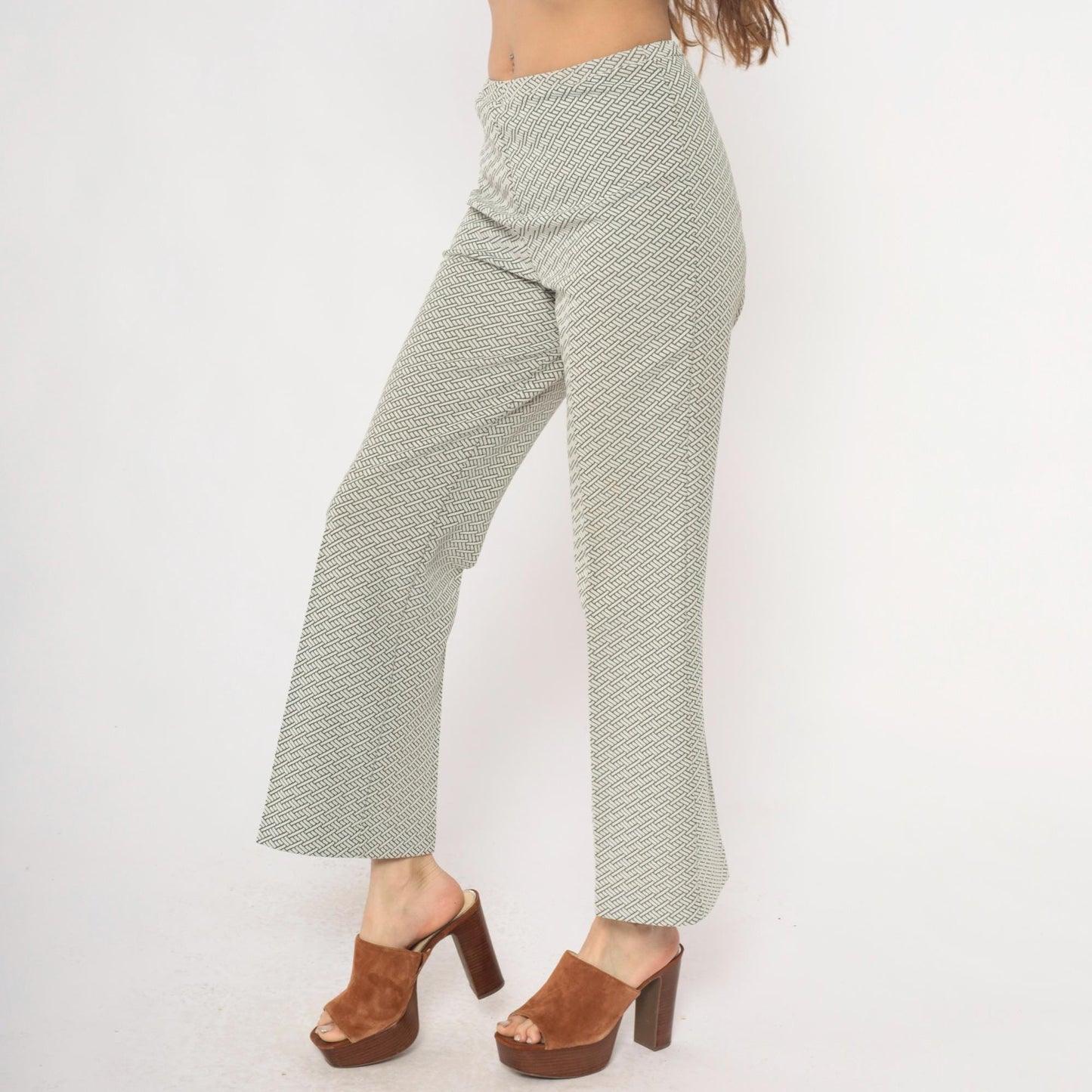 70s Geometric Basketweave Straight Leg Pants Cream Black High Waist Small