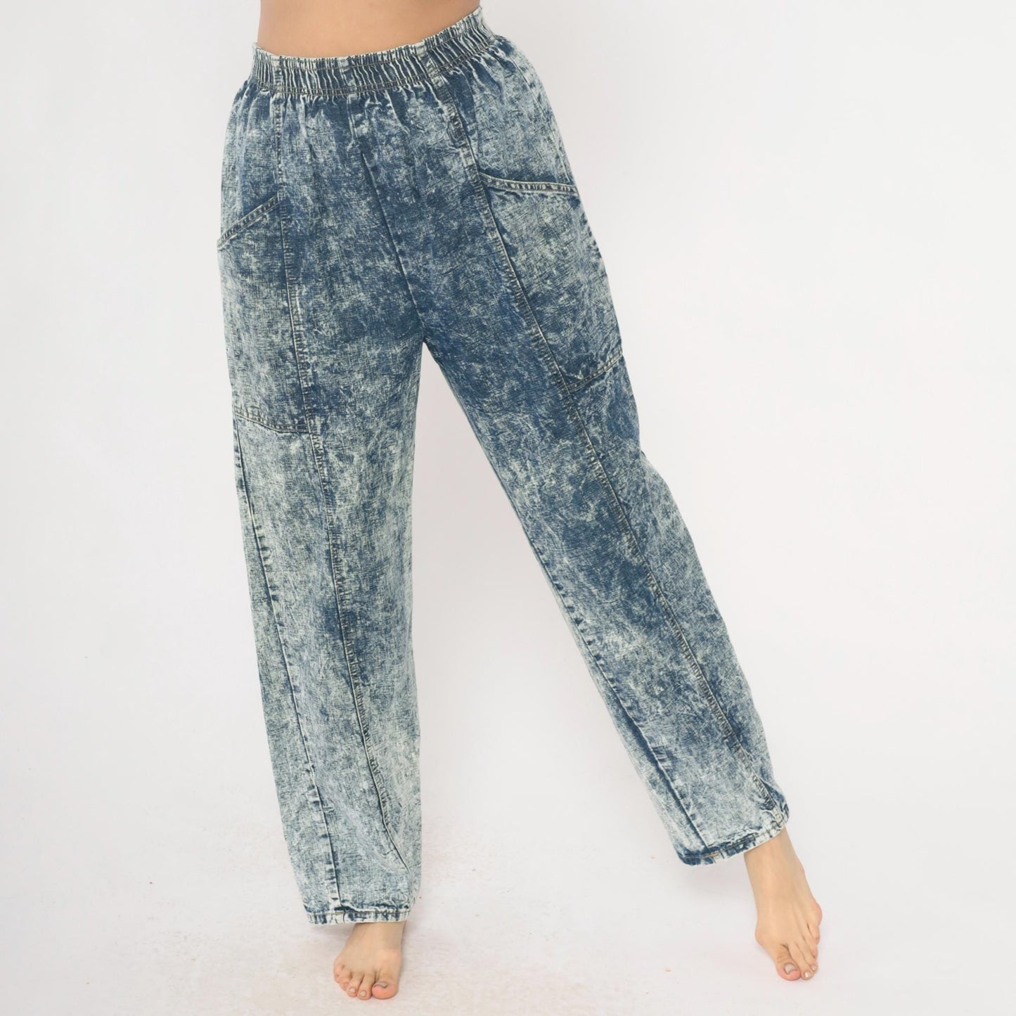 90s Acid Wash Denim High Rise Elastic Waist Straight Leg Light Blue Small Medium