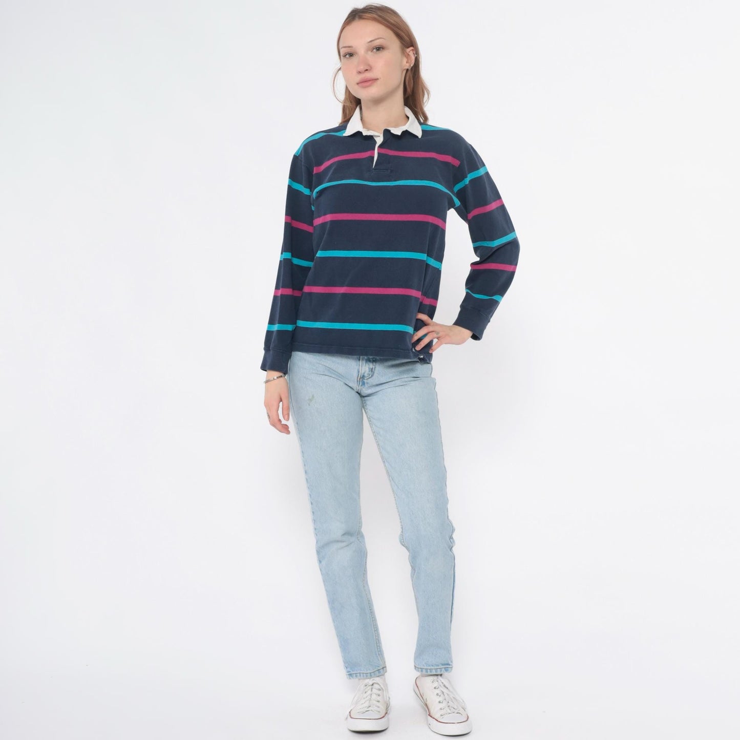 90s Dover by Arrow Rugby Polo Navy Pink Teal Striped Cotton Small