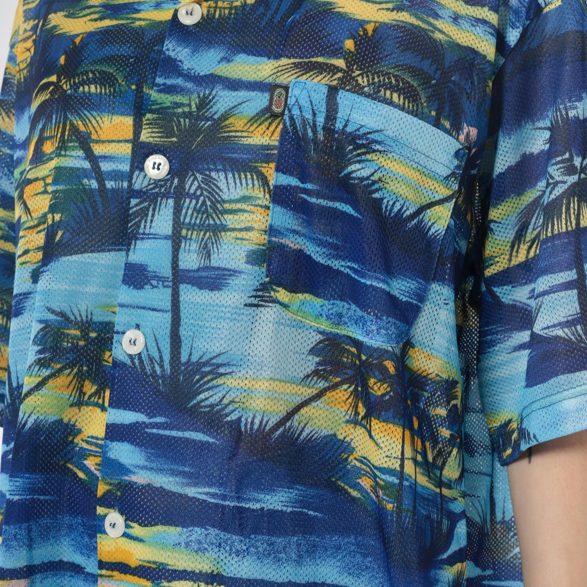Y2K Pineapple Connection Hawaiian Shirt Blue Yellow Palm Tree Print Large L