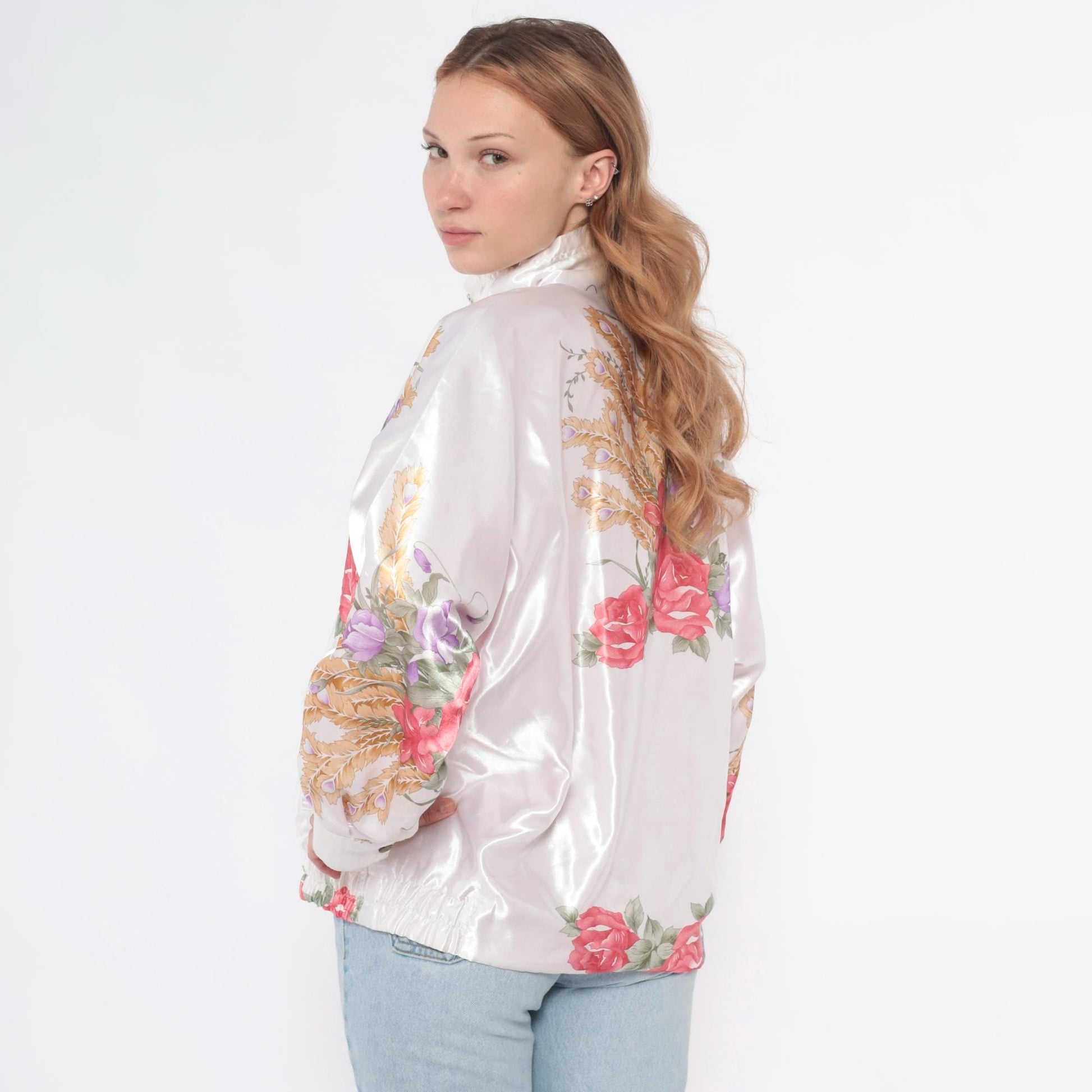 90s Floral Satin Bomber Jacket White Pink Rose Purple Wheat Zip Medium