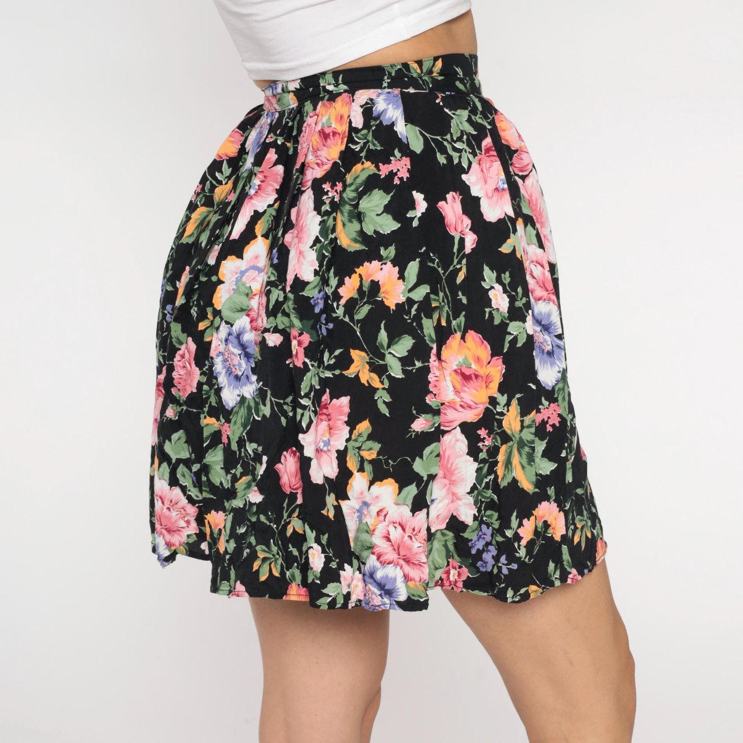 90s Rampage Floral Mini Skirt Black Pink Purple Orange Green Small S